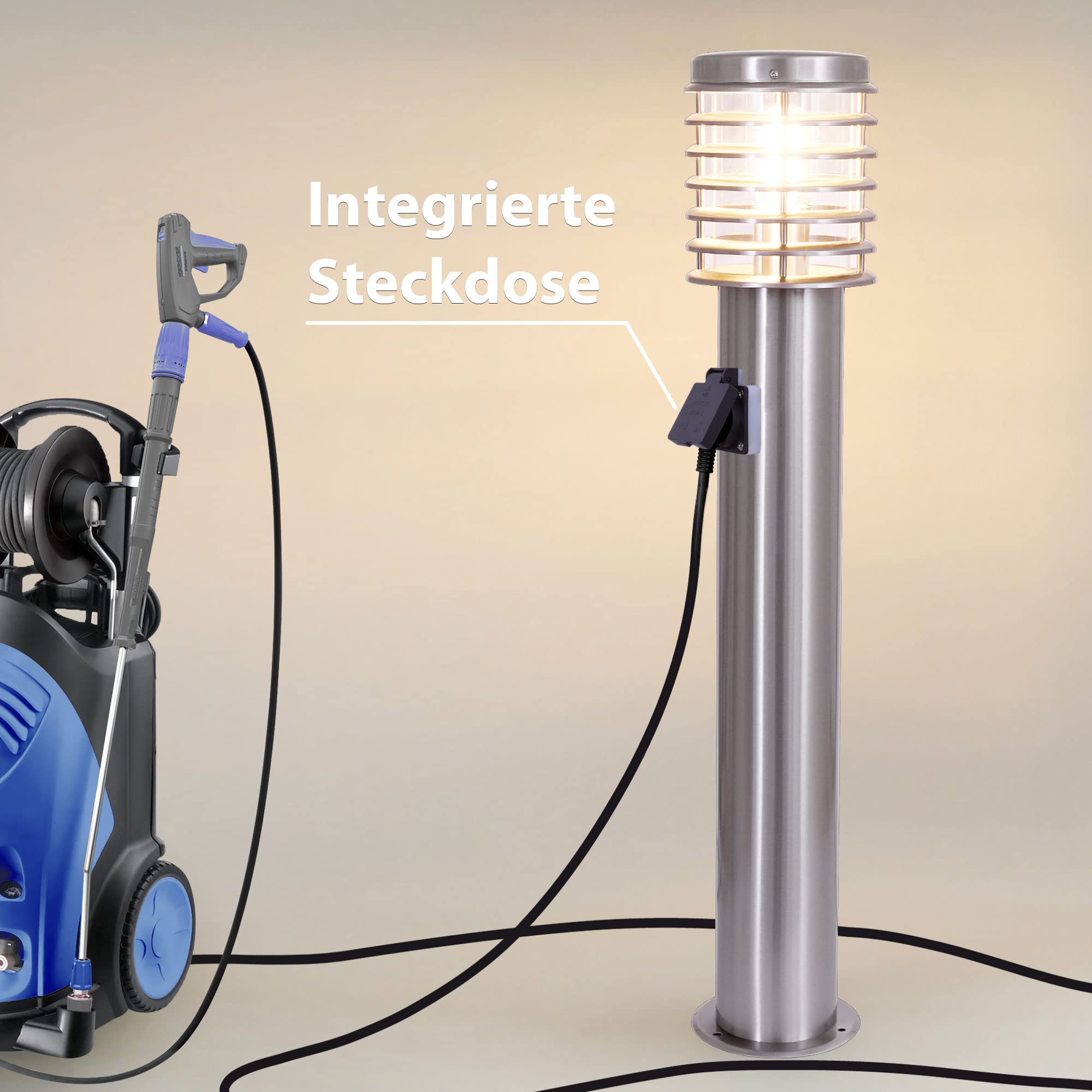 Maxkomfort Wegeleuchte mit Steckdose E27 80 cm Edelstahl Glas Gartenlampen für draußen strom IP44 Gartenlampe Wegbeleuchtung Gartenleuchte 252D-800SN-SD