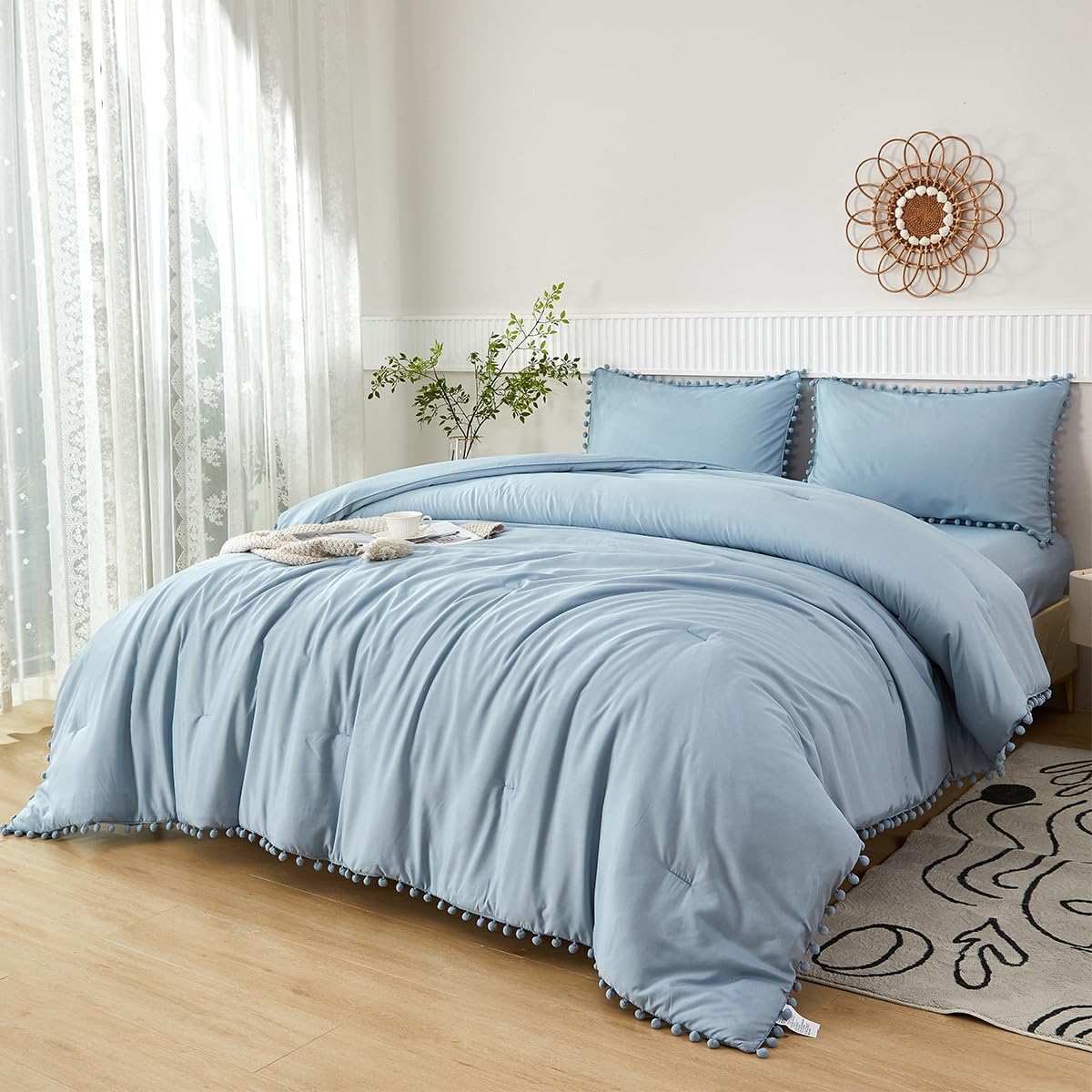 PERFEMET 5 Pcs Blue Bed in A Bag Queen Size Boho Aesthetic Pom Pom Bedding Comforter Set with Sheets Lightweight Soft Pom Solid Comforter for Women Men(Grayish Blue, Queen)