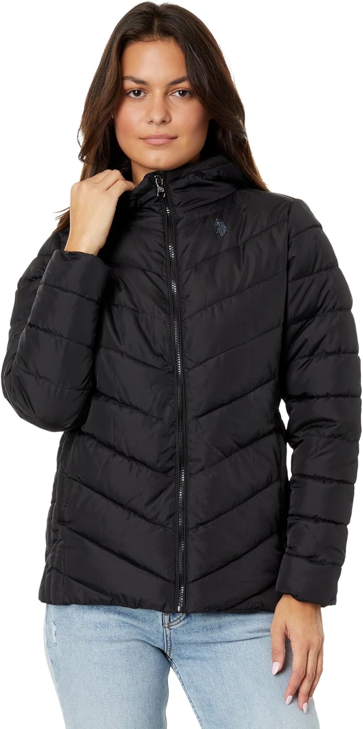 U.S. POLO ASSN. Chevron Cozy Faux Fur Lining Quilted Hooded Puffer with Side Panel