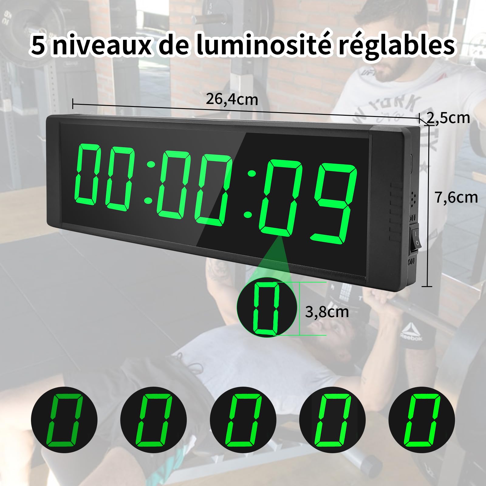 Minuteur de gym avec bouton marche/arrêt, minuteur d'intervalle 12/24 h, minuteur numérique pour salle de sport à domicile