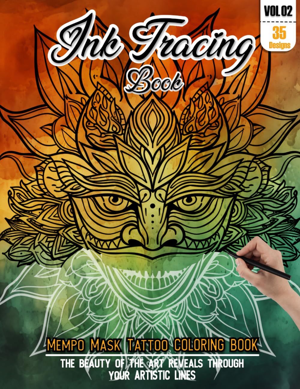 Ink Tracing Book: Stress relief Mempo Mask Tattoo Coloring Book for adults: mindfully Follow white lines to Uncover 35 beautiful Mask Tattoo arts | ... color pages a perfect gift for adults(Vol-02)