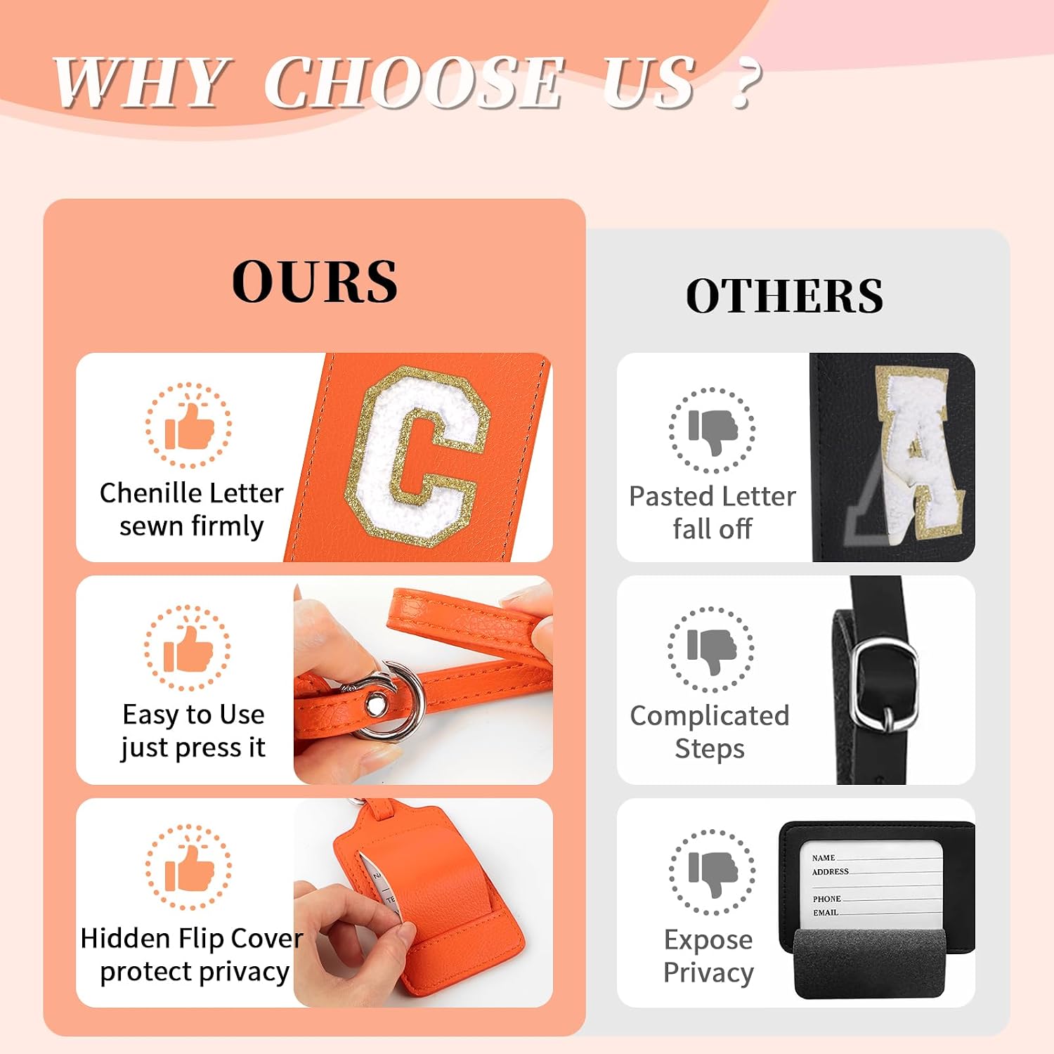 Initial Luggage Tag C for Suitcases, PU Leather Personalized Letter Luggage Tags with Privacy Cover Name Card, Orange Cute Monogrammed TSA Approved Travel Handbag Tags for Women Kids(1 Pack Letter C) image 5