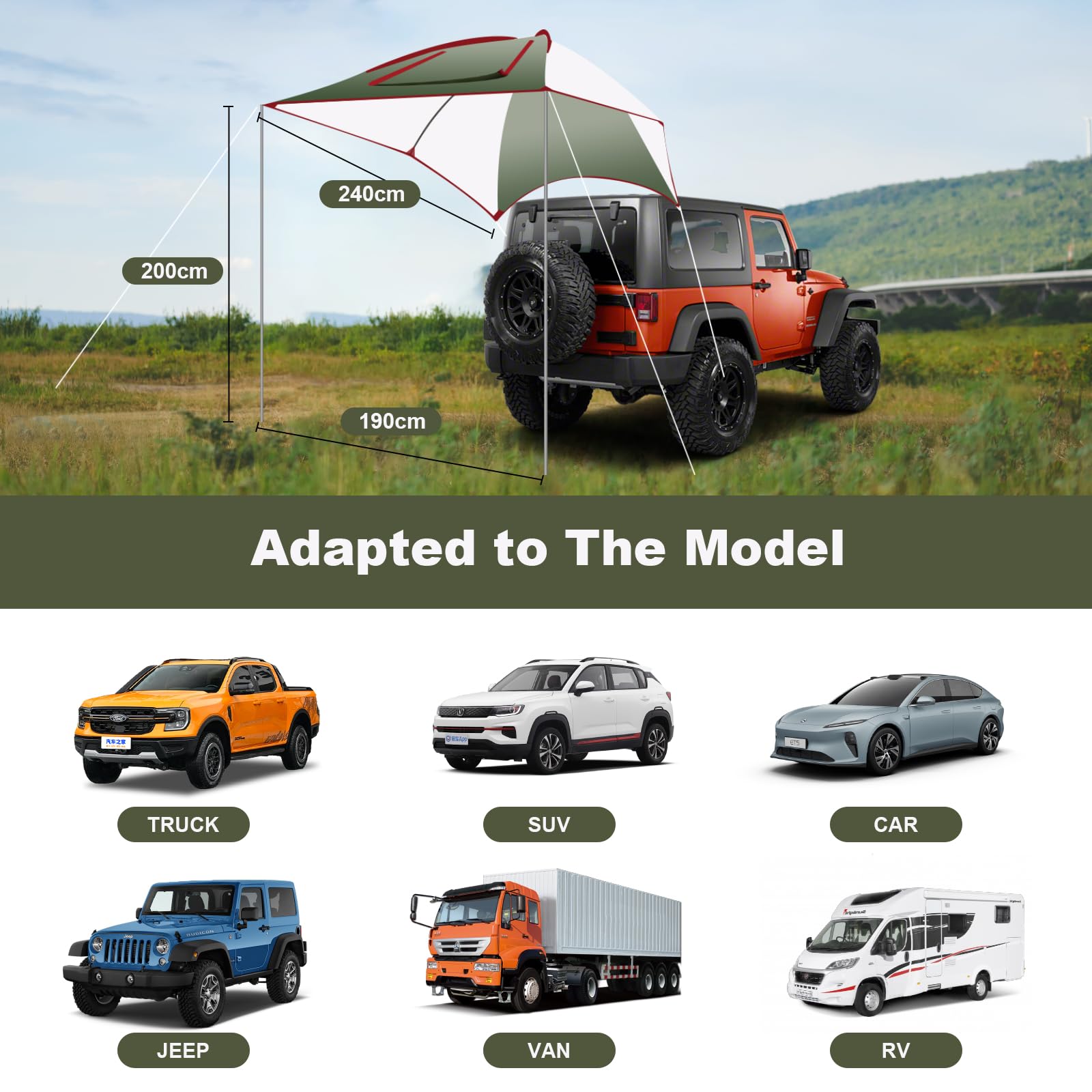 Toldo de Coche para Furgoneta, SUV, Autocaravana, Coche, camión, Tienda de Campamento, toldo Lateral Impermeable