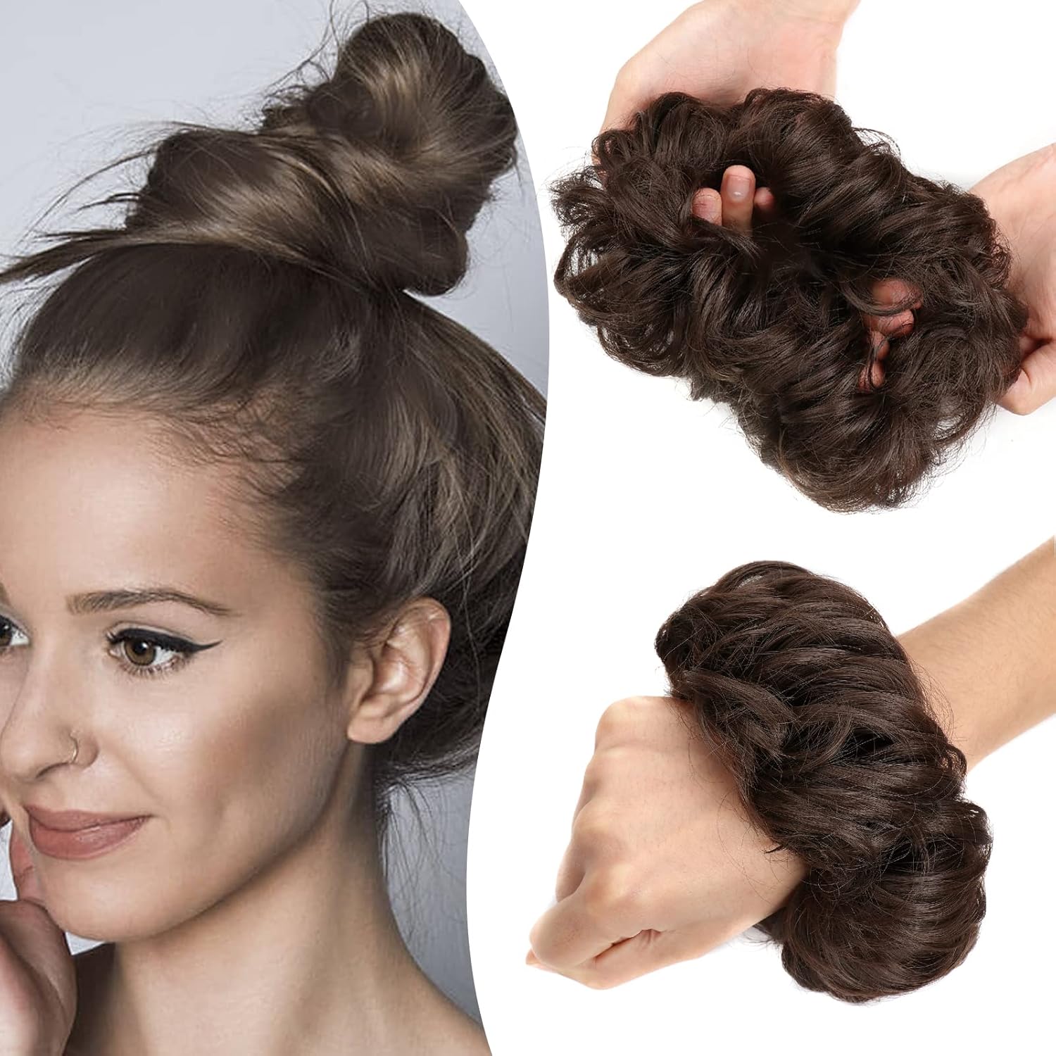 Inscca Fake Hair Buns for Women Light Brown Messy Buns