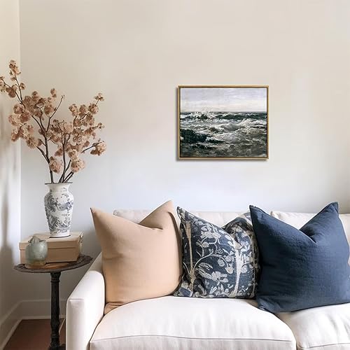 Miniatura 7 de Pintura francesa vintage de paisaje marino  Arte de lienzo de olas de horizonte de mar con marco de 8 x 10 pulgadas