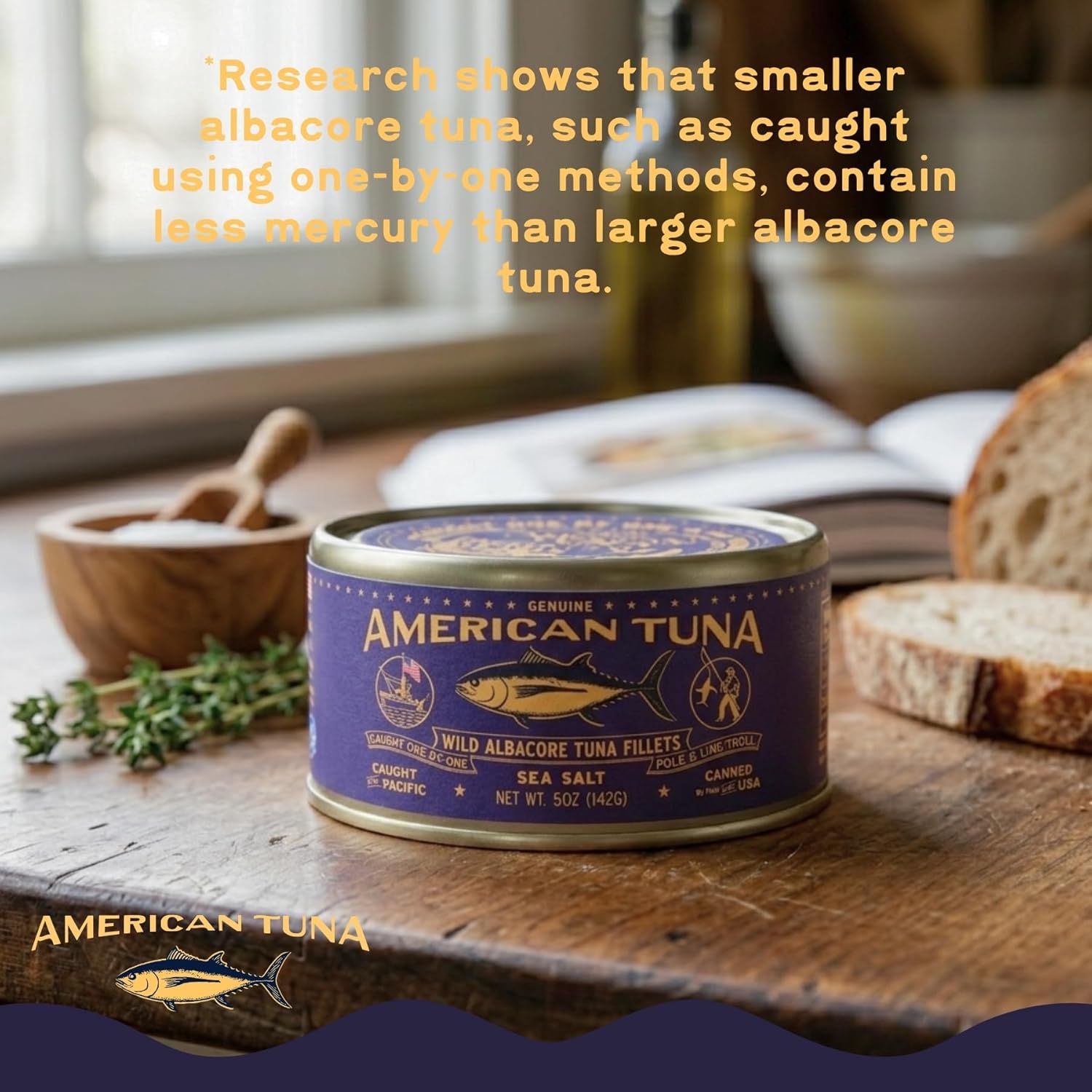 American Tuna Sushi-grade Wild Albacore Tuna Fish - with Sea Salt, MSC Certified, Sustainable Pole Wild Caught - 5 oz cans | Pack of 12 | Premium Canned Tuna for Health and Flavor Enthusiasts!