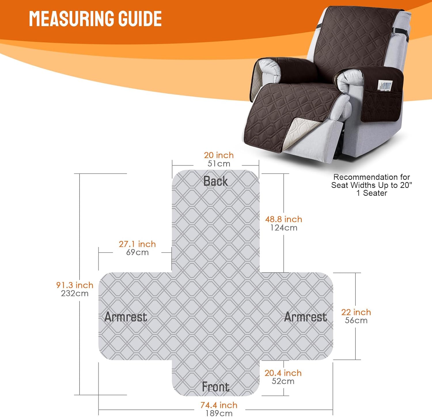 VANSOFY 100% Waterproof Recliner Chair Covers, Recliner Cover Non-Slip Dog Chair Cover Furniture Protector Washable Slipcover with Pocket, Elastic Straps for Pets, Dogs(Chocolate, 20")