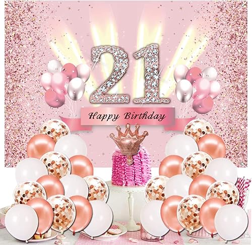 Miniatura 4 de Decoraciones de feliz cumpleaños 21 para mujer, pancarta de fondo para fiesta, póster de tela de aniversario, fondo de foto rosa, suministros de