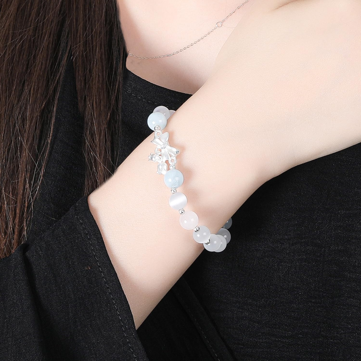 Cat's Eye Stone Bracelet with Strawberry Quartz & Moon Charm Positive Energy Crystal Gemstone Jewelry Gift for Women 6.5" - Image 4