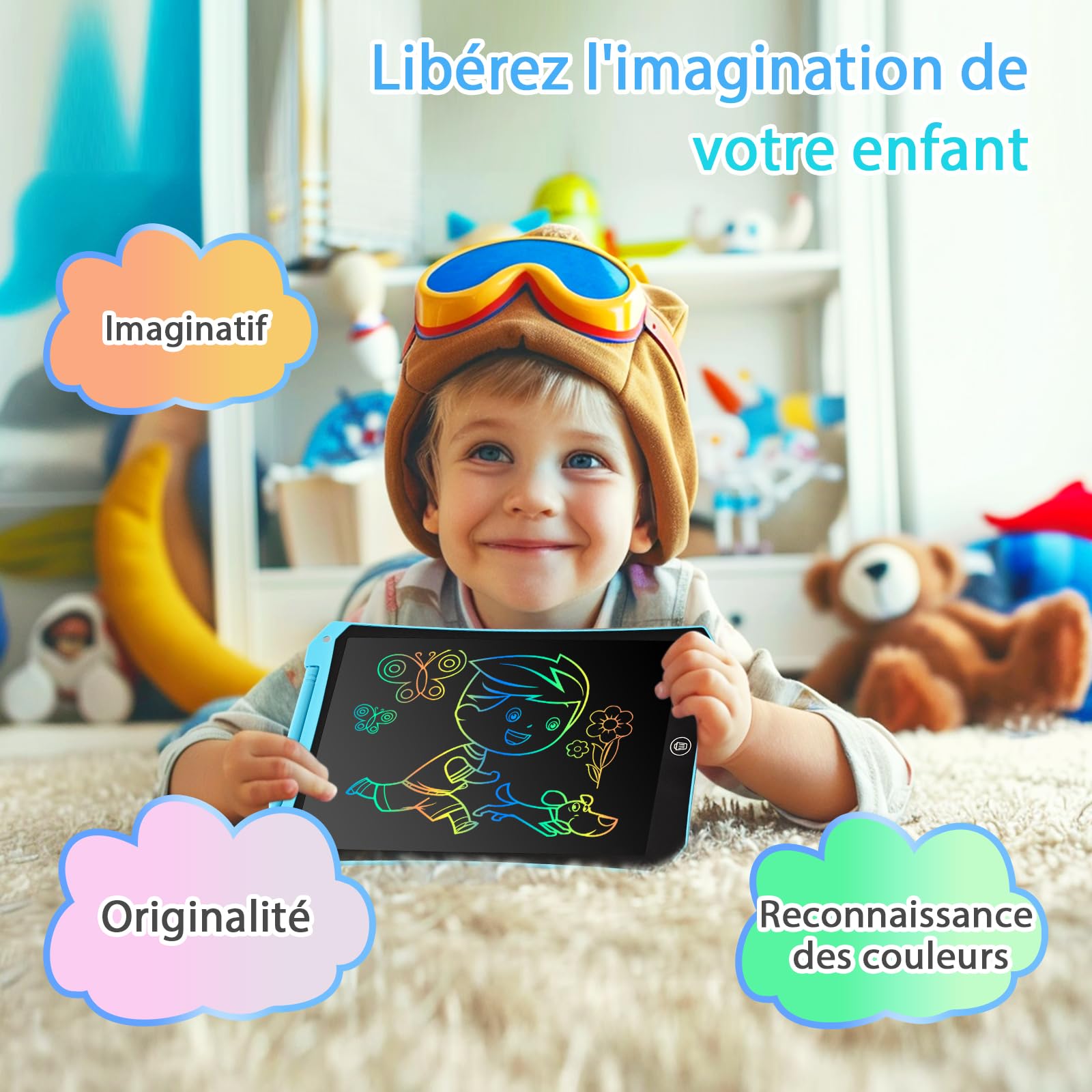 BlueSwan Tablette Magique Enfant 10 Pouces LCD, Jouet Voyage Avion Voiture, Cadeau Rentrée Anniversaire Noël (Bleu+Rose)