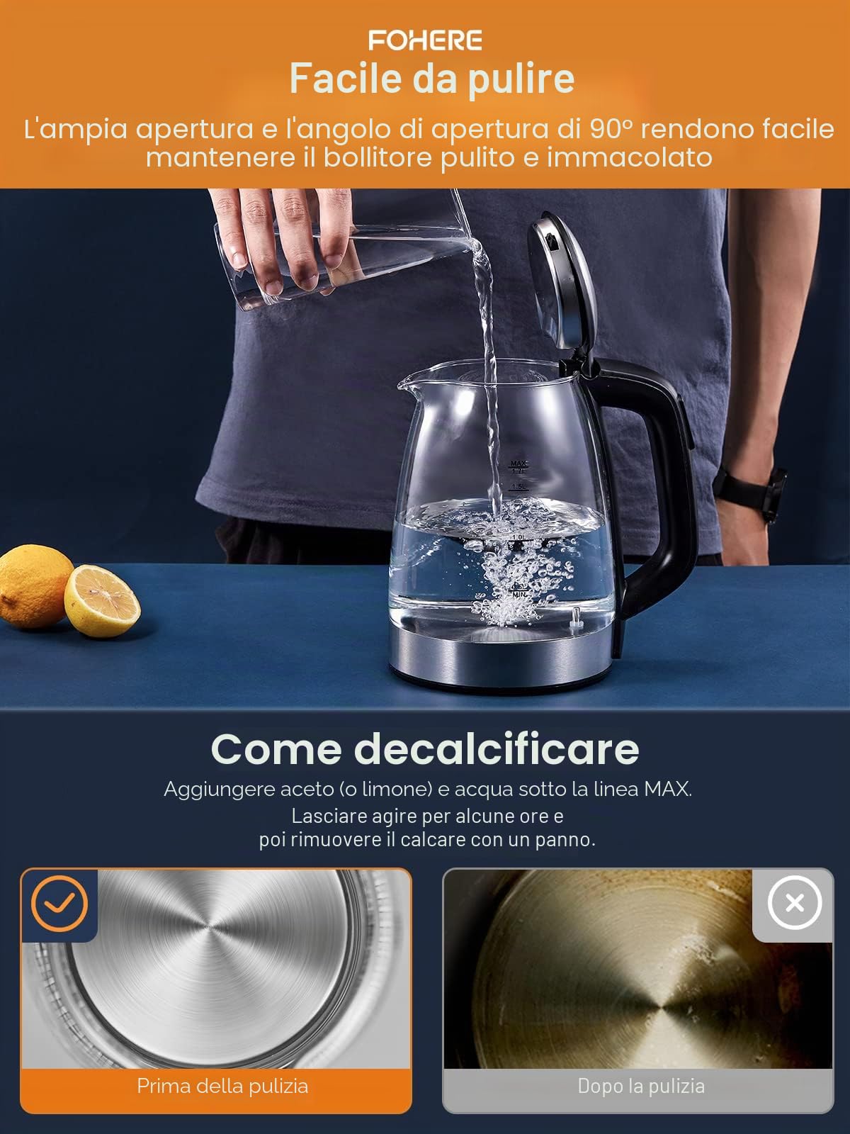 FOHERE Bollitore elettrico con regolazione della temperatura, bollitore elettrico in vetro e acciaio inox, funzione di mantenimento al caldo, senza BPA