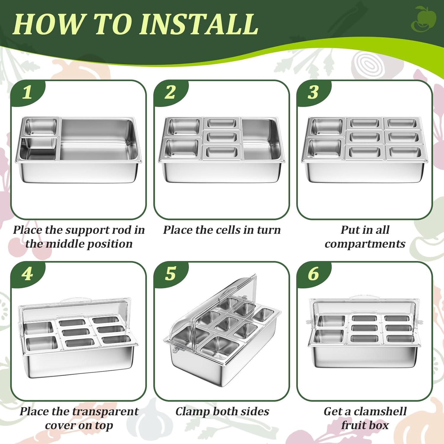 Countertop Food Serving Display Container with Clear Roll Top Cover, Stainless Steel Salad Serving Tray Condiment Dispenser Ice Food Serving Display Tray for Buffet Restaurant Kitchen Party(8 Pan)