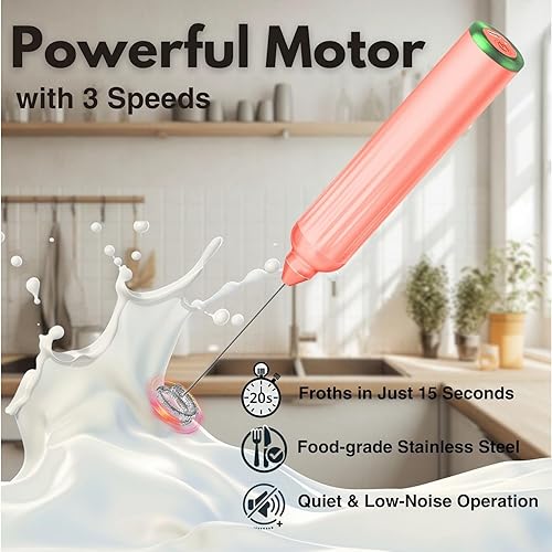 Miniatura 6 de Espumador de leche de mano con 3 batidores de acero inoxidable, mezclador eléctrico recargable de bebidas con soporte y estuche de viaje, espumador