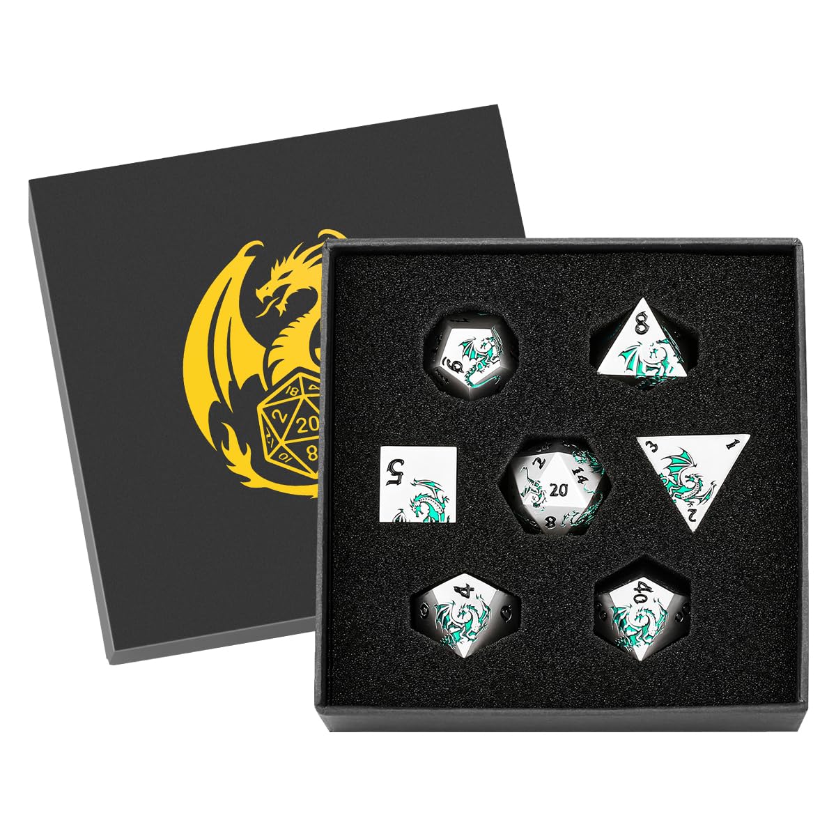 Metal Dice Set, Flat Face White Green Dragon Pattern, 7pcs Polyhedral Metal DND Dice Set, DND Starter Set