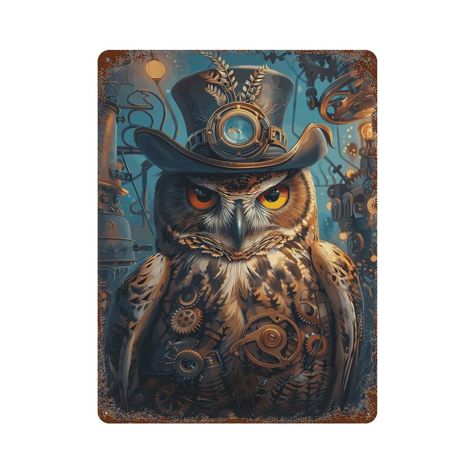 Garage Style Steampunk Owl Animal Rustic Tin Plaque 15.7"x11.8", Classic Wall Plaque for Bar And Workshop