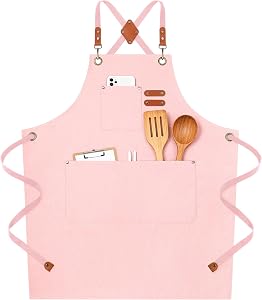 NLUS Chef Aprons for Men Women with 4 Pockets, Water Repellent Cotton Canvas Cross Back Apron