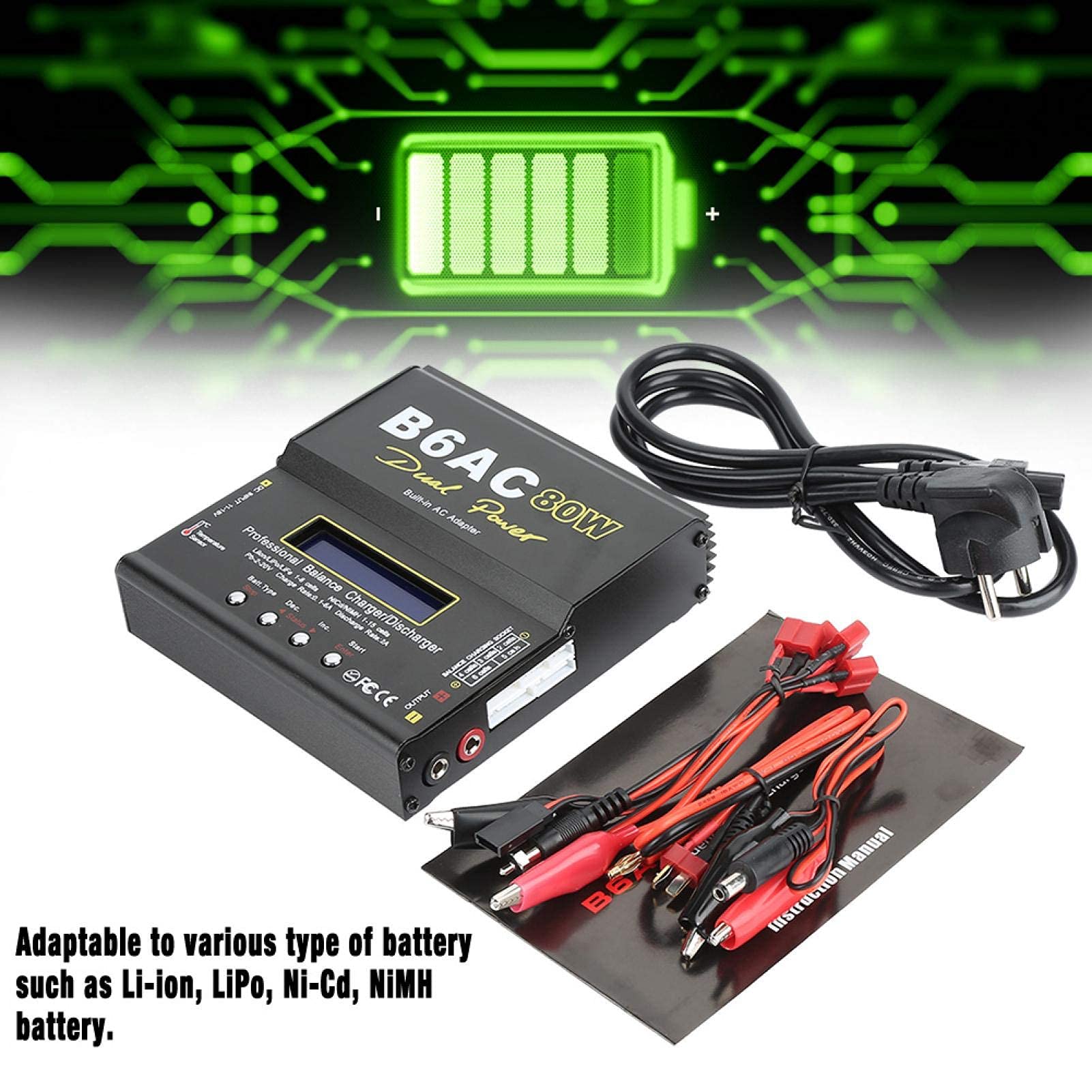 Cargador RC, B6AC 80W Digital LCD Balance Cargador Descargador para Li-Ion Li-Po NiCd Ni-MH RC Batería