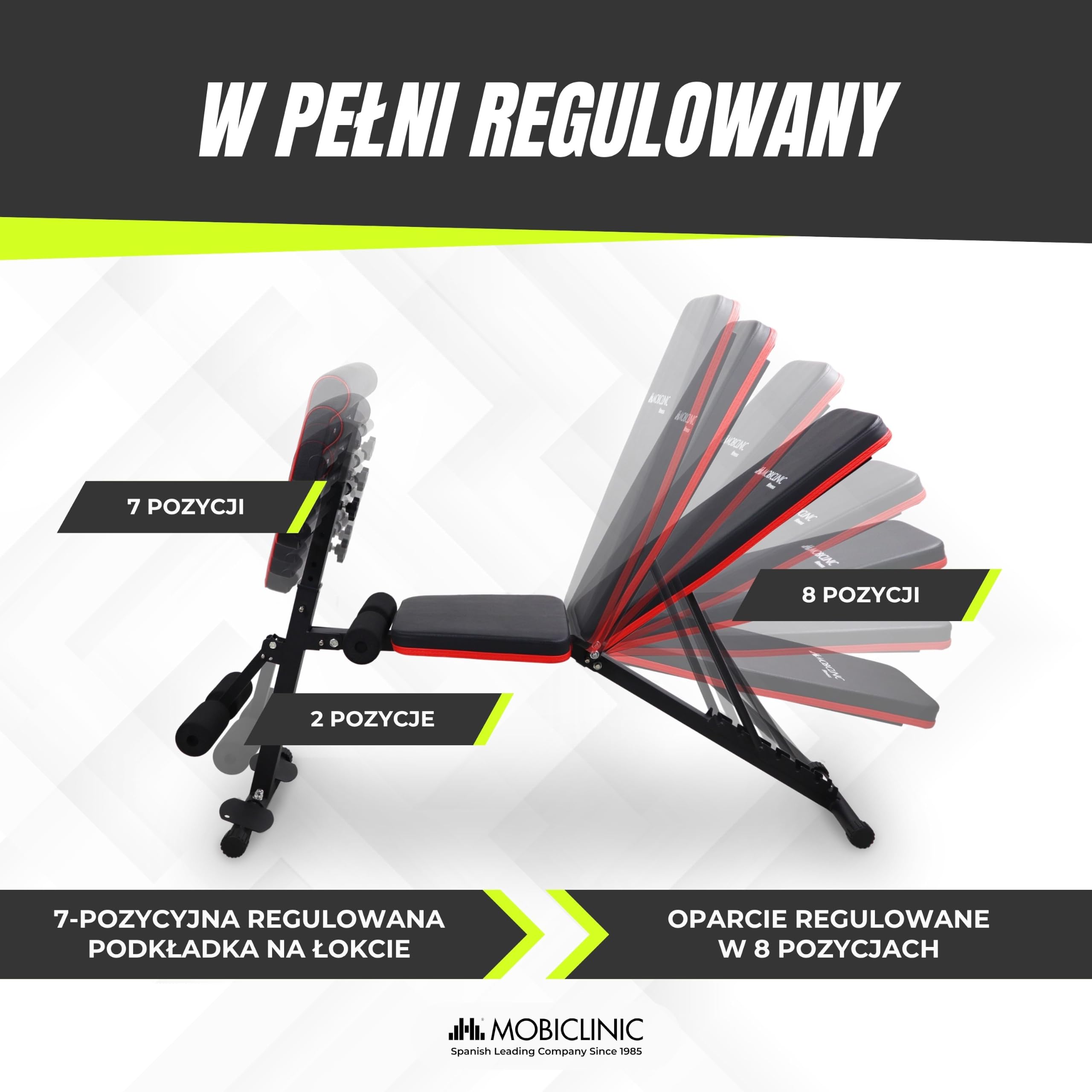Mobiclinic®, Ławka treningowa, Z Paskami Oporowymi, Składana, Z Kółkami, Wielofunkcyjna, Do Wyciskania na Ławce, Regulowana, Uchylna i Opuszczana, Do 120 kg, Planefit, Domowa Siłownia