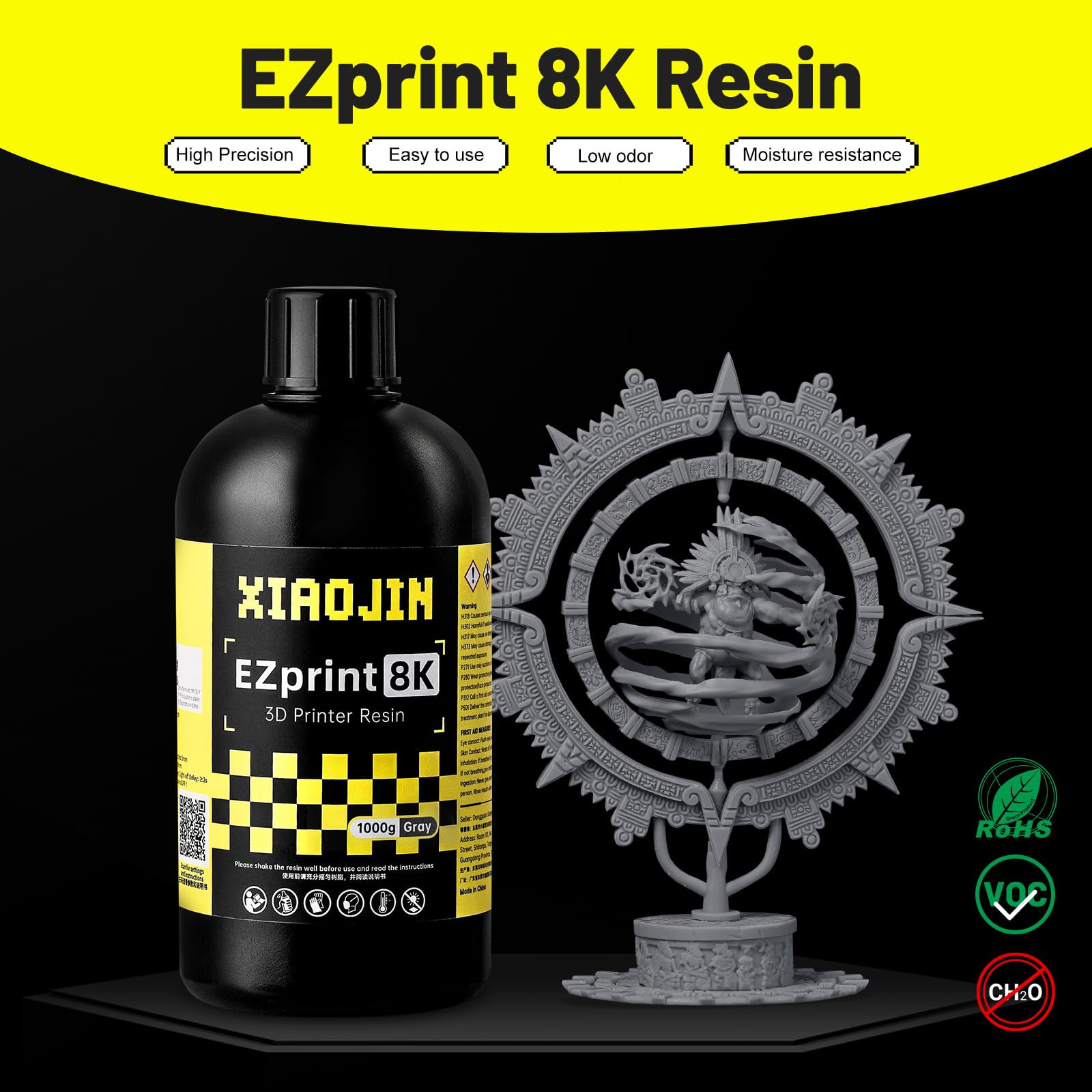 Resina rígida 8K con alta precisión y detalles nítidos, resina para impresora 3D con baja absorción de agua y bajo olor, fácil impresión y limpieza, adecuada para principiantes, gris 1000 g