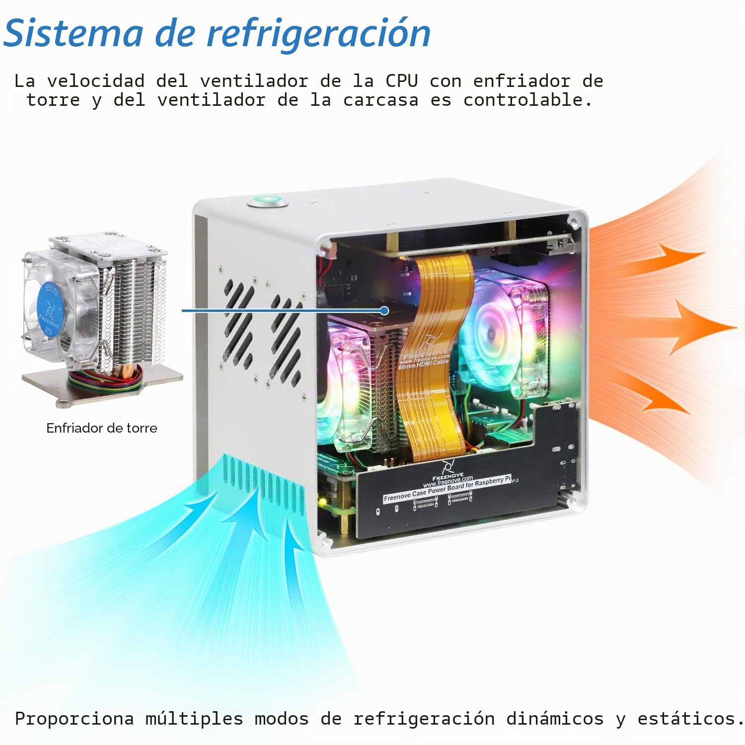 Freenove Mini Case for Raspberry Pi 5 (Not Included), Dual M.2 NVMe SSD Slots, PWM ARGB Fans Light Sync, CPU Tower Cooler, Built-in Stereo Speakers, 3.5 mm and Optical Audio (S/PDIF) Outputs