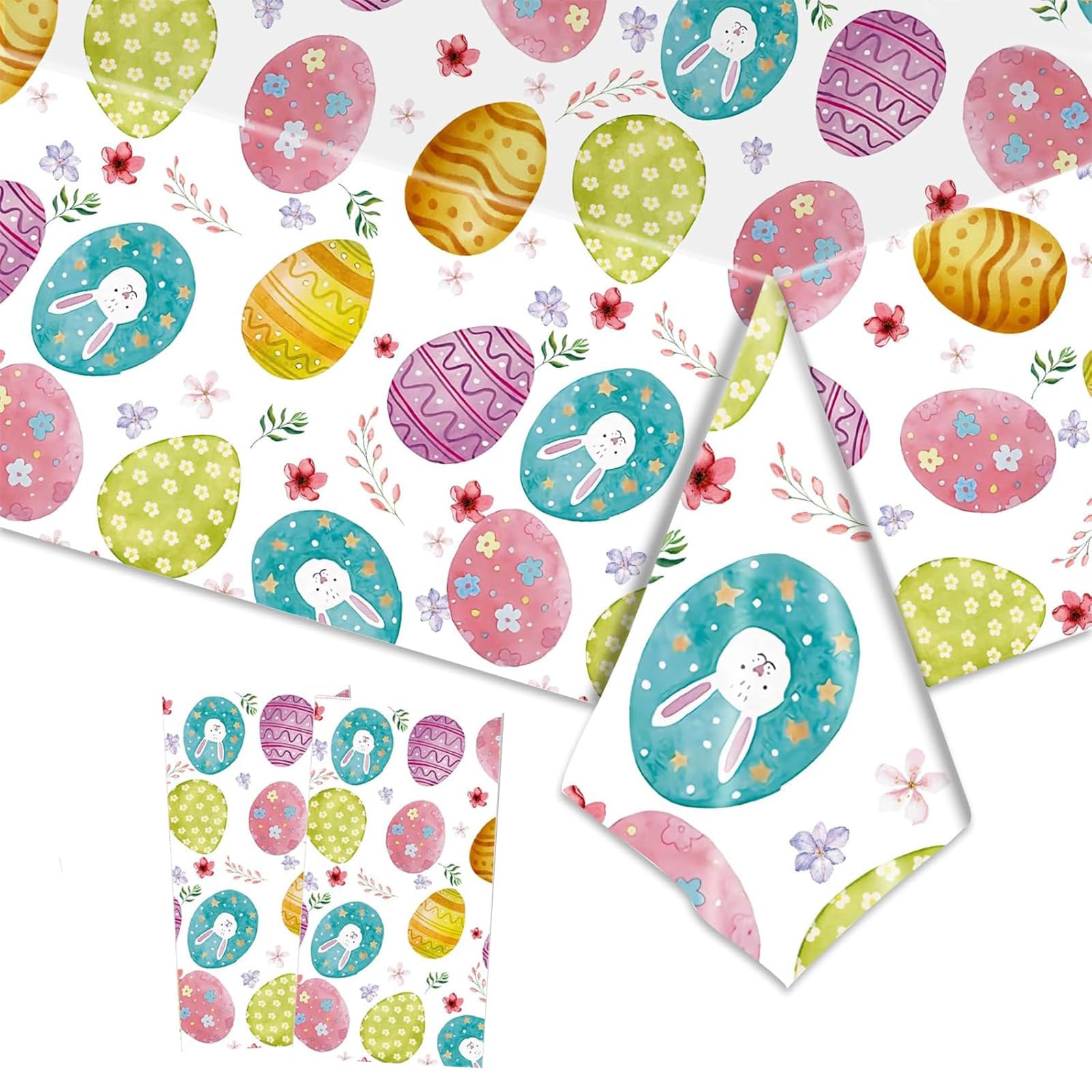 2pcs Easter Table Cloth Party Plastic Easter Bunny Tablecloths,137 * 274cm Large Waterproof Rabbit Egg Tablecloth Tablecover Rectangle Easter Party Tablecloth for Spring Easter Party Decor