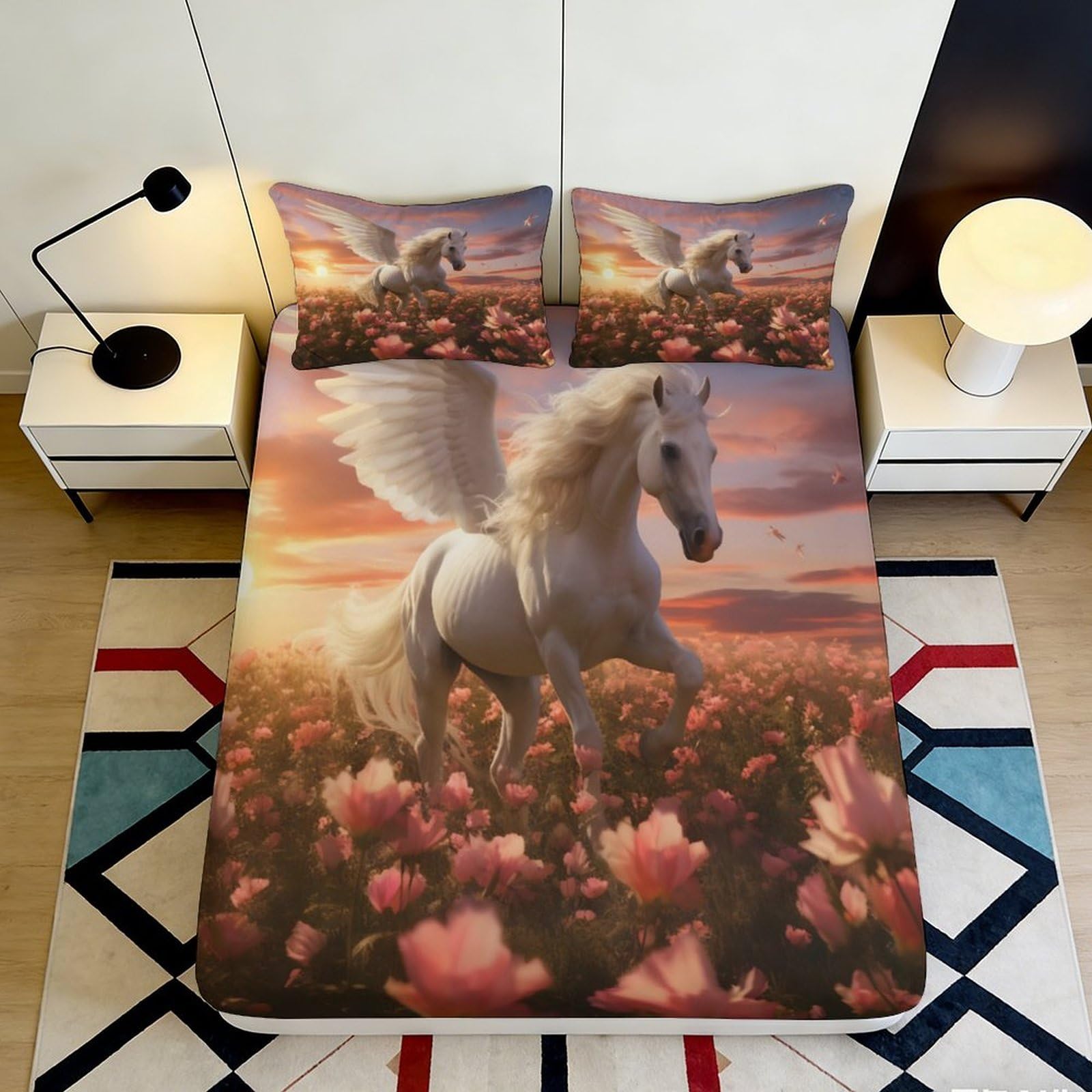 3D Printed White Pegasus Fitted Sheet Microfiber Soft Durable Winged Horse Mattress Cover for Bedroom Dormitory Guest Room Protection Decor 90x200x25cm