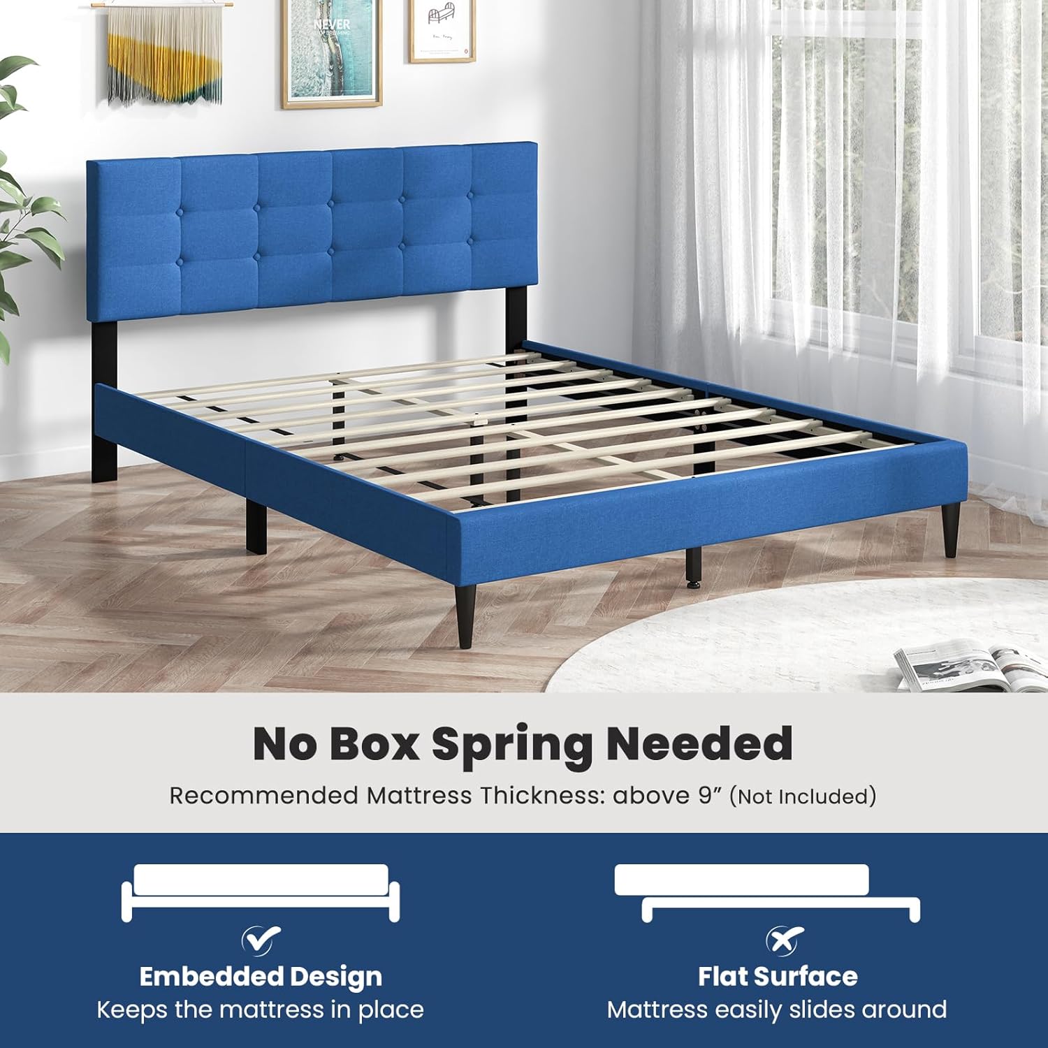 Giantex Queen Size Platform Bed Frame with Button Tufted Headboard and Wooden Slats, Modern Fabric Linen Upholstered Mattress Foundation, No Box Spring Needed, Easy Assembly, Navy Blue