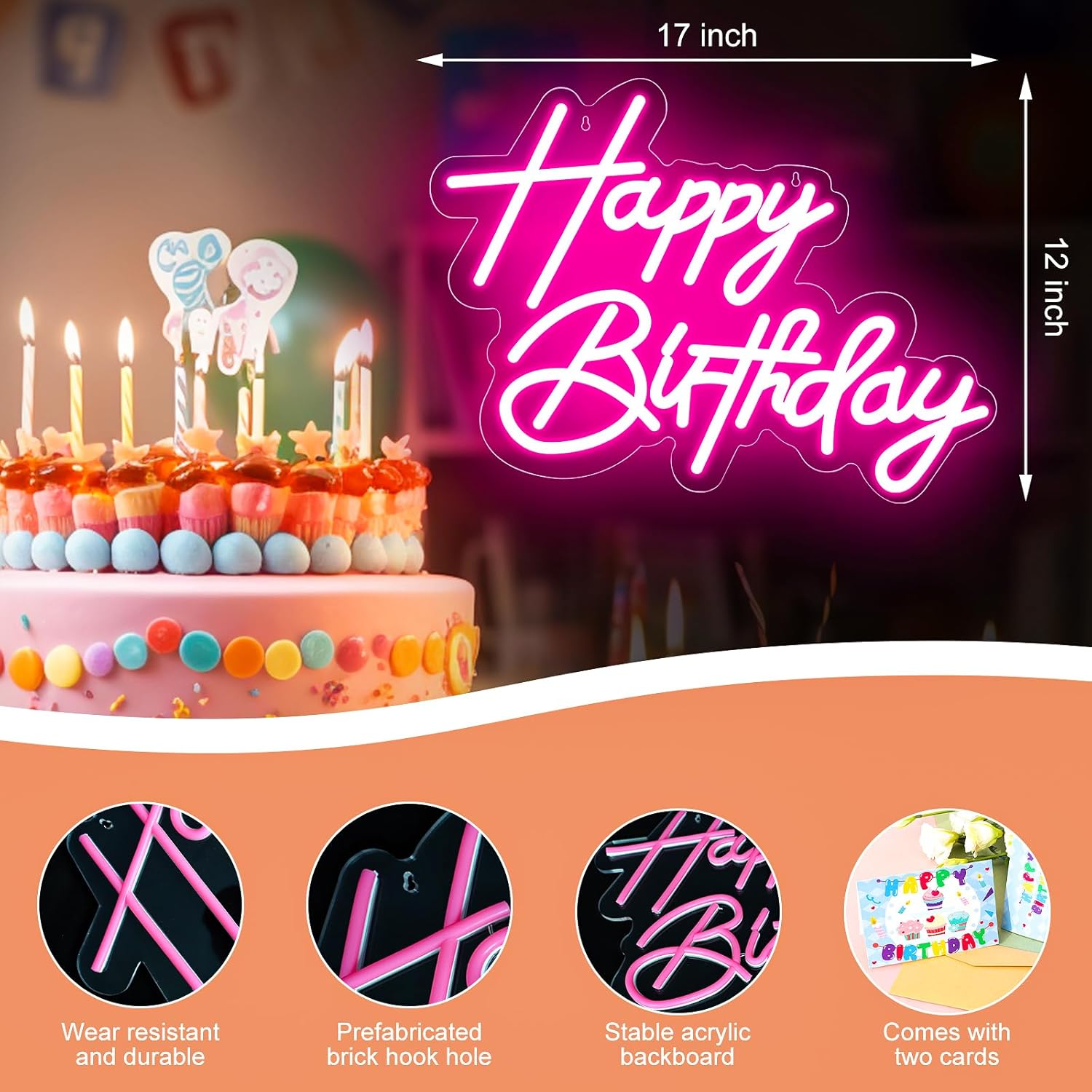 Happy Birthday Neon Sign for Wall Decor, USB Powered LED Neon Sign with Dimmable Brightness, Ideal for All Ages Birthday Parties and Celebrations, With 2 Pcs Birthday Cards (17×12 Inch)