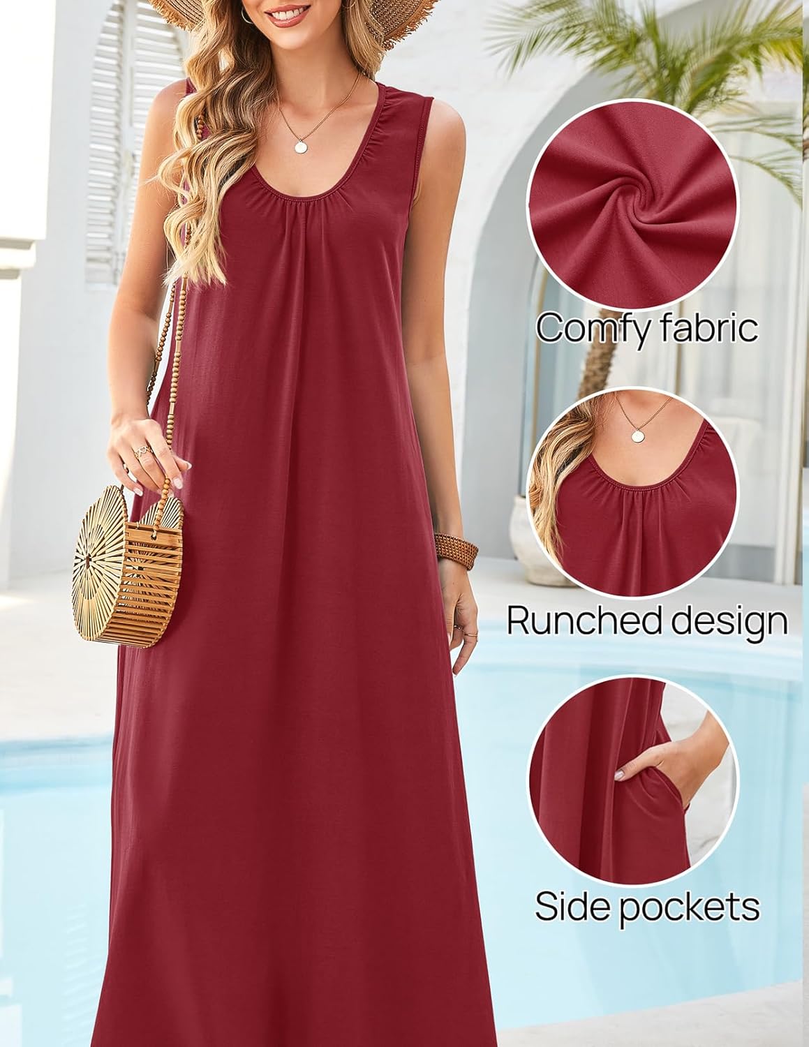 MEROKEETY Women's Summer Boho Maxi Dress 2026 Ruched Beach Vacation Sundresses Sleeveless Loose Tank Dress - Image 5