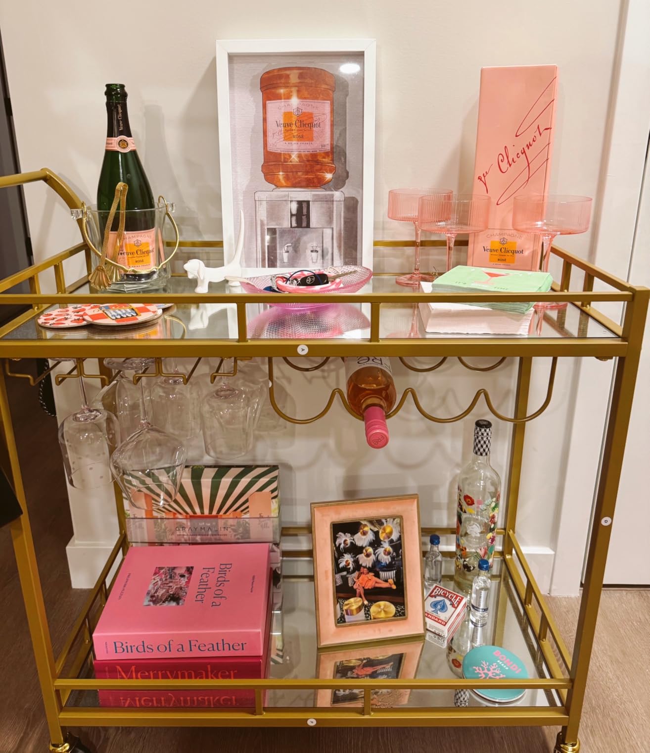 VASAGLE Bar Cart with mirrored shelves, wine holders, and glass holders
