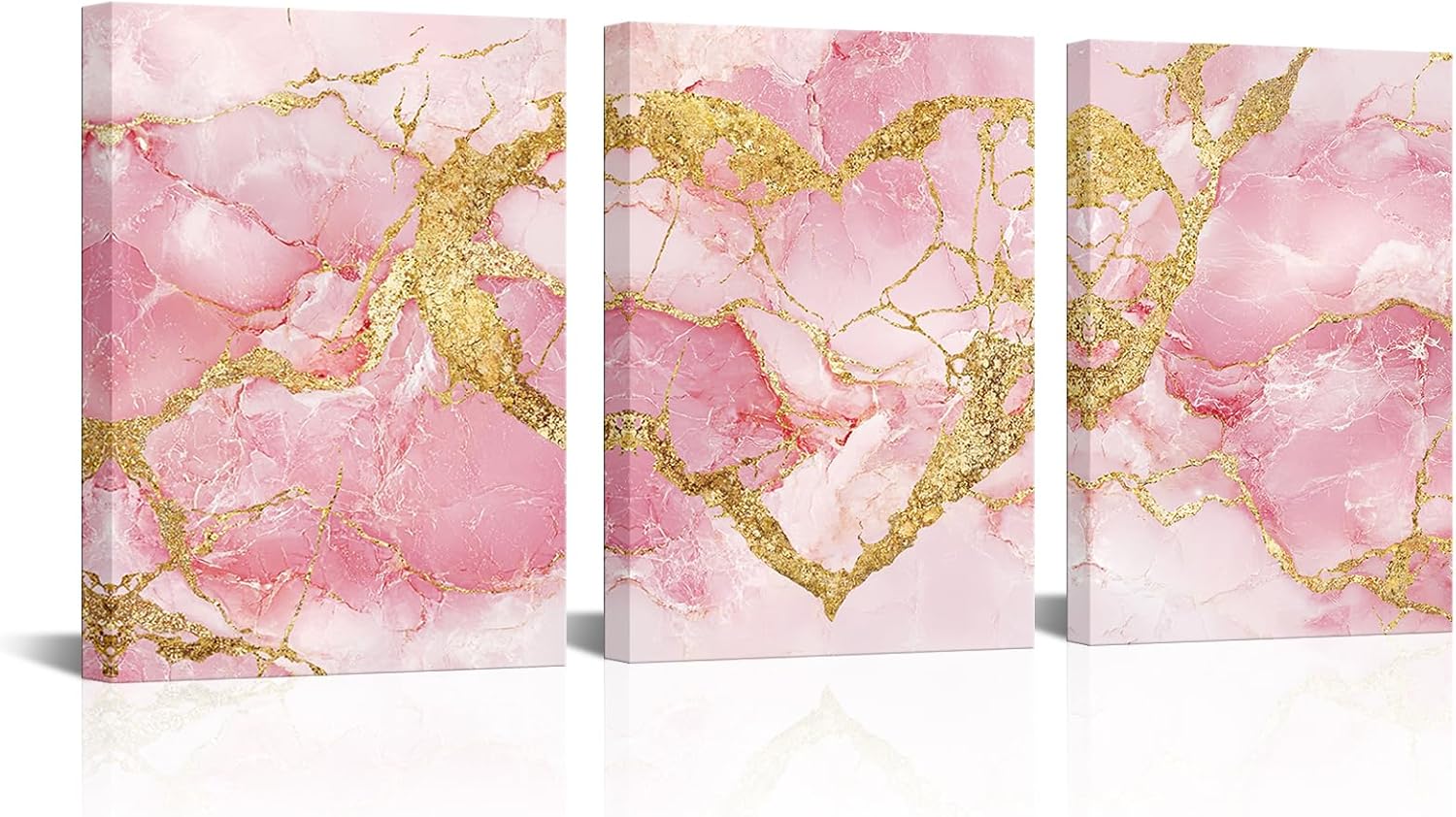 HOMEOART Gold Heart Painting Love Decor Picture Marble Prints Framed Canvas Wall Art Bedroom Living Room Decor, Framed Ready to Hang 12x16inchx3Pieces (Pink)