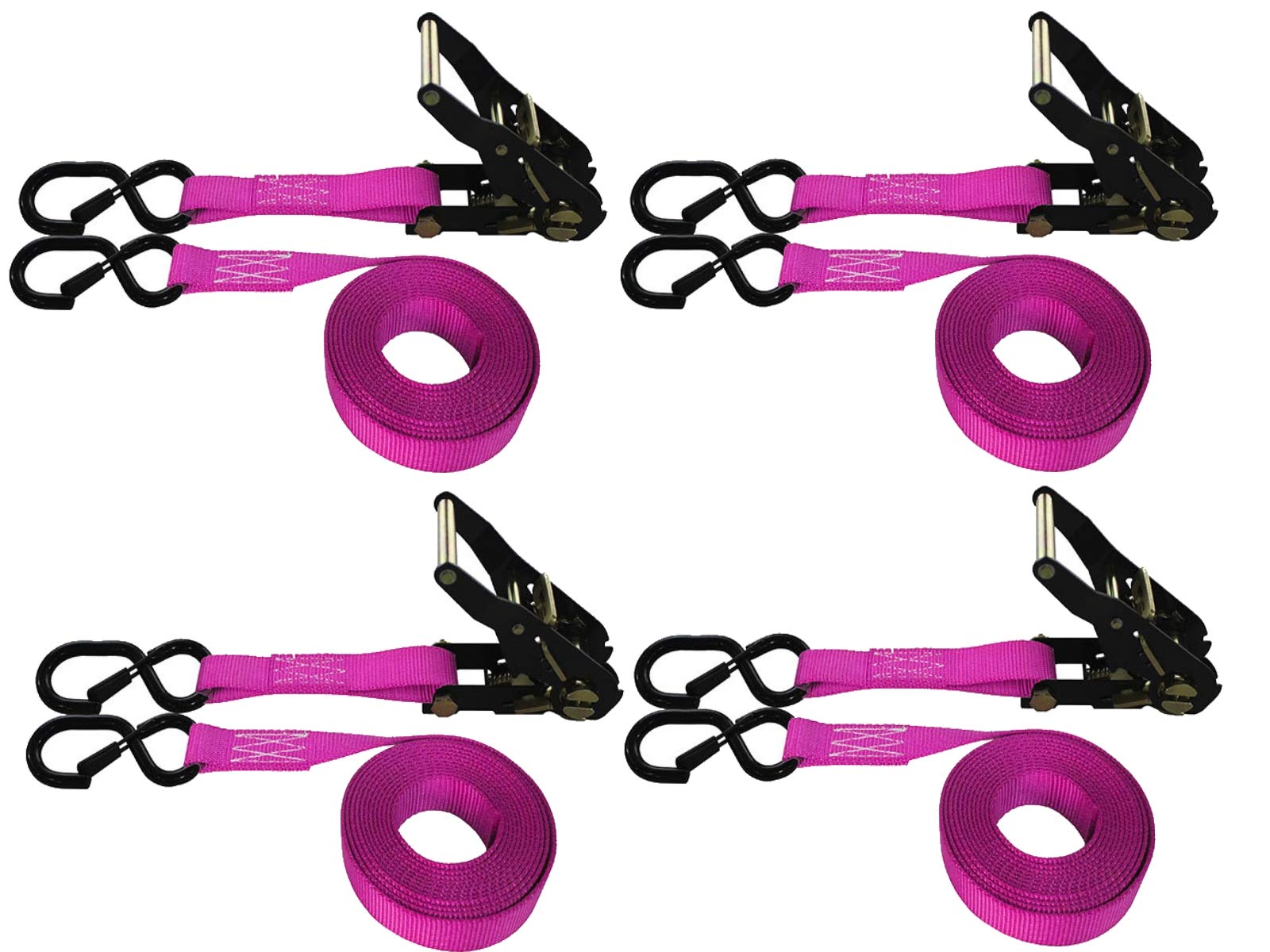 4 Pack POWERSPORT Ratchet S-Hook W/Keeper Straps (10 FT, Pink)