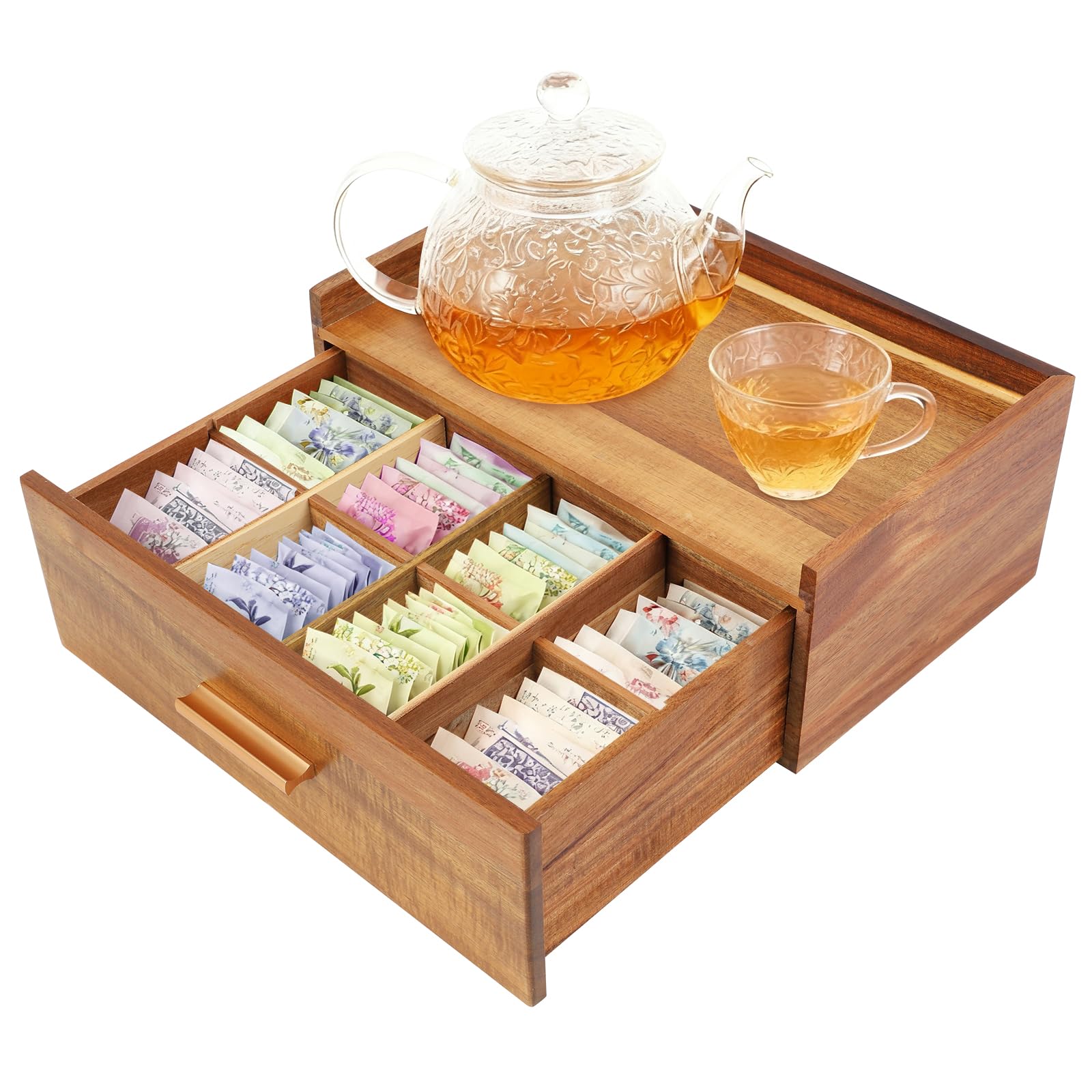 Scatola da tè in legno con 8 scomparti, 32,3 x 20,5 x 12,5 cm, tipo di cassetto con manico, per conservare bustine di tè ed erbe aromatiche