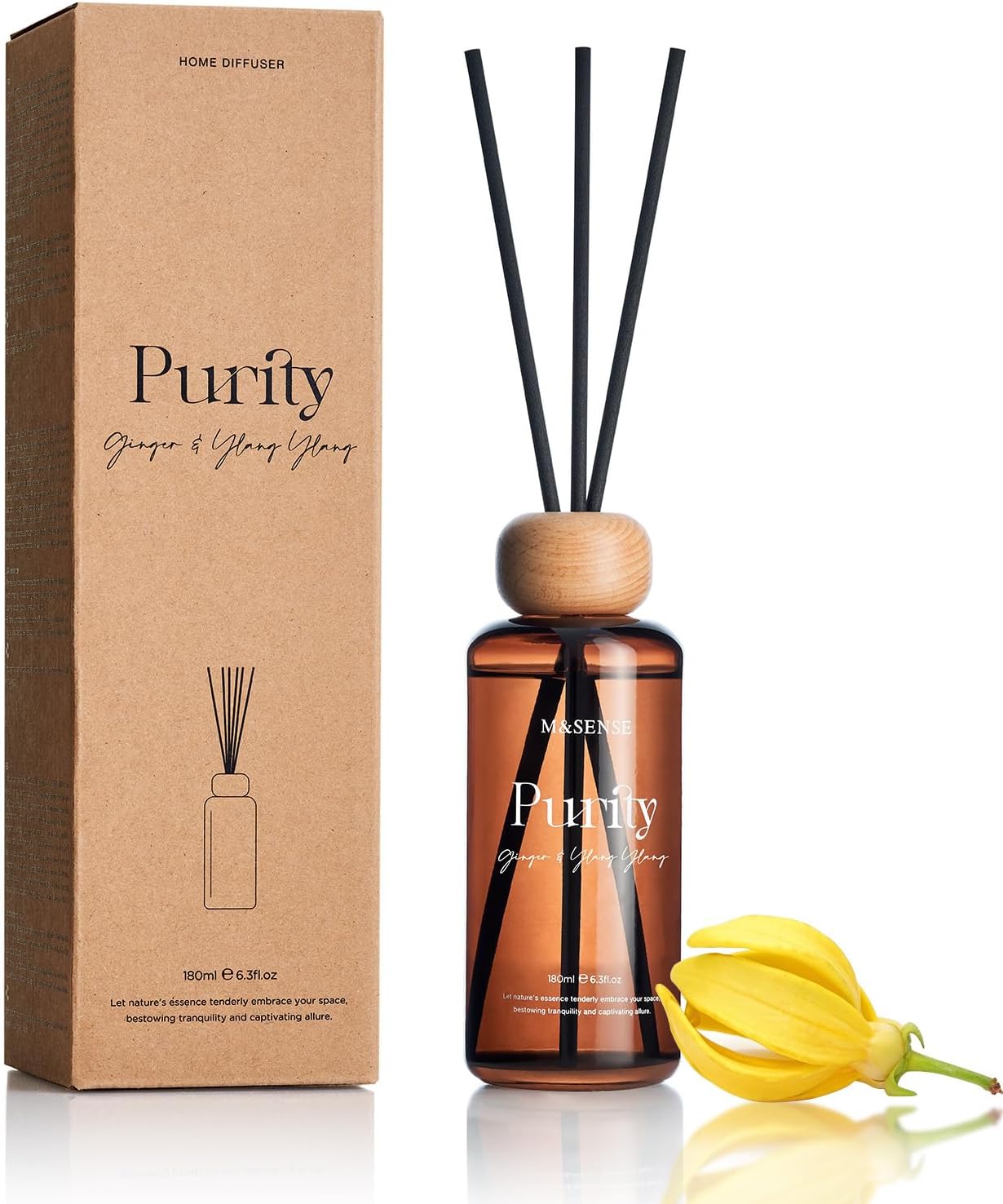 Reed Diffuser Set, Ginger Ylang Ylang Scented 6.3 fl oz Natural Essential Oil Diffusers with Sticks, Non-Toxic Organic Air Freshener, Long-Lasting Fragrance Oils for Home Bathroom Study Office