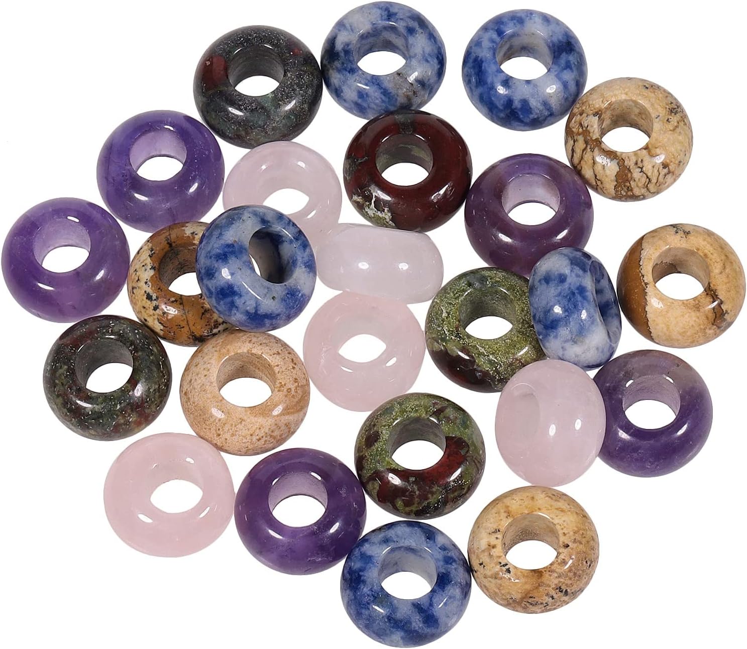 SUNYIK Assorted Crystal Stones Large Hole (6mm) Rondelle European Beads Fits Bracelet, Pack of 25, Amethyst/Rose Quartz/Picture Jasper/Sodalite/Dragon Blood
