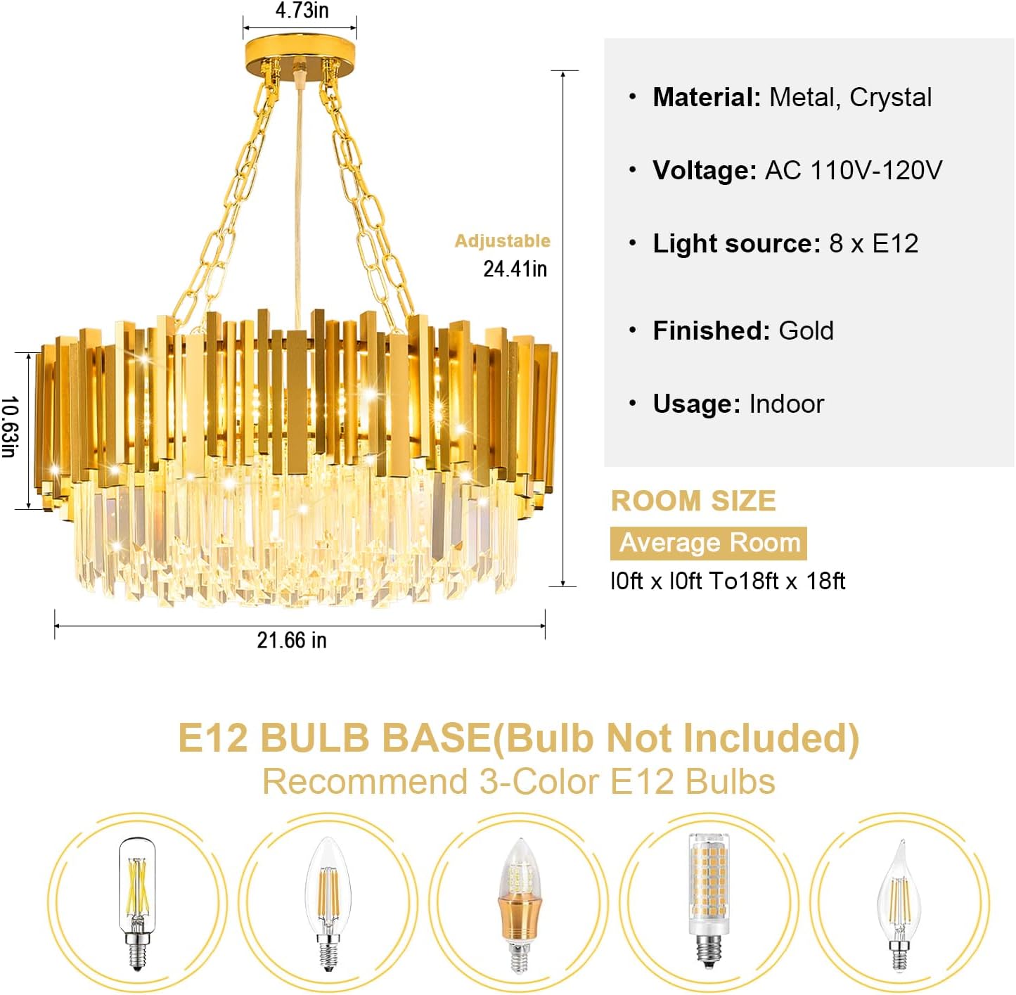 Modern Gold Crystal Chandelier 21.66" 8-Light 5-Tiers K9 Crystal Pendant Ceiling Light Fixture Luxury Round Raindrop Chandeliers for Dining Room Living Room Kitchen Island
