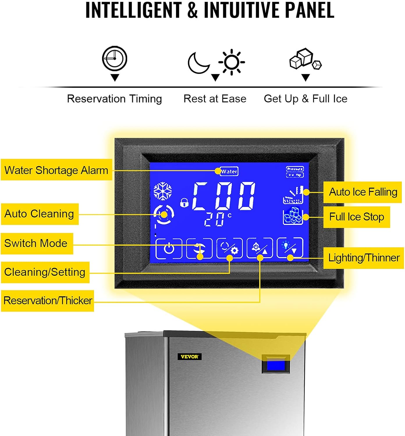 Close-up of the VEVOR ice maker's intelligent control panel with labeled functions