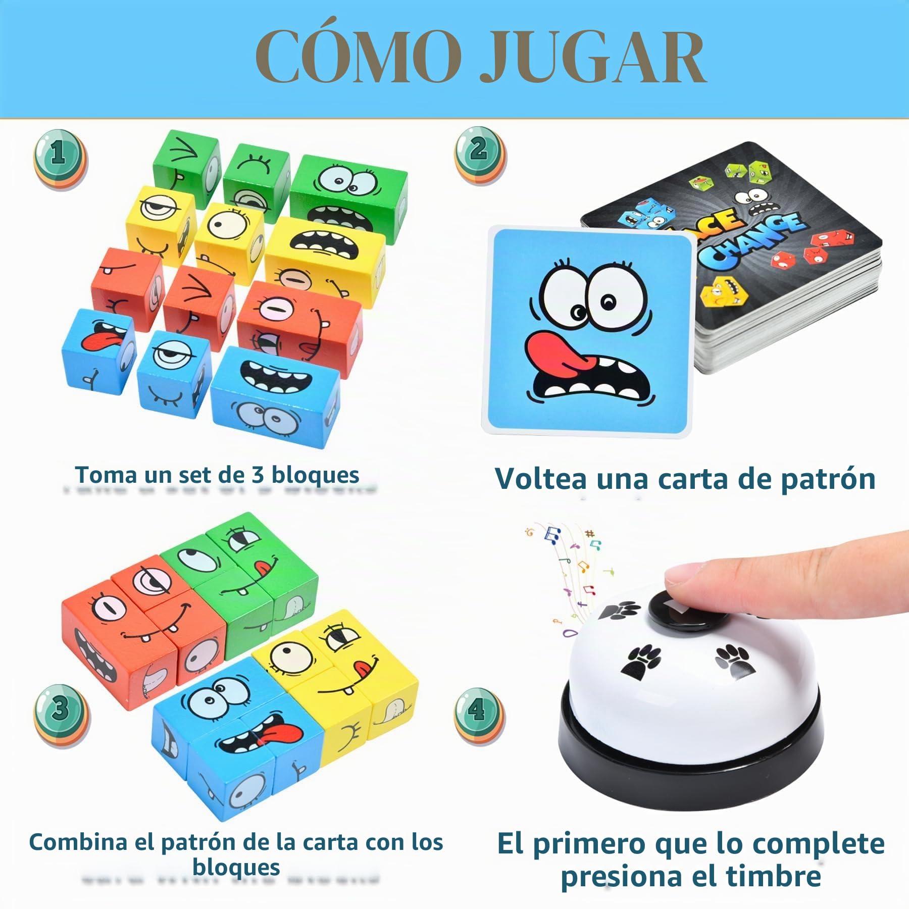 Juguete de expresión de madera, juego de dados interactivo, juego de madera para niños como juego familiar con timbre