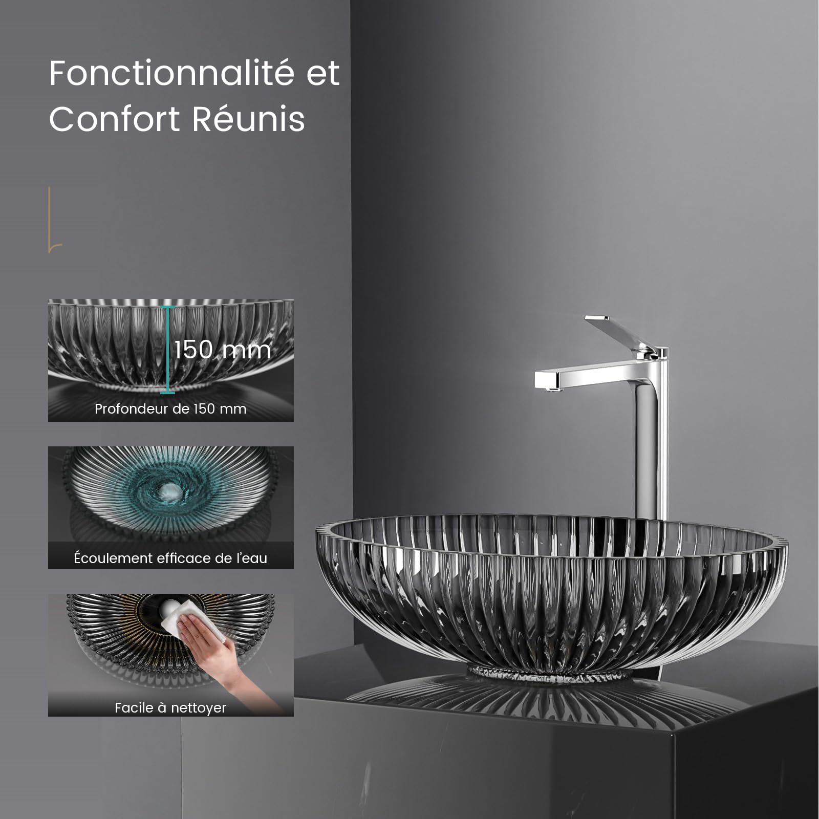 EMKE Vasque à Poser Ovale en Verre Cristal 51 x 35 x 15 cm, Noir Mat | Grand Lavabo Effet Diamant Ciselé, Bol en Verre Trempé pour Meuble Double Vasque de Salle de Bain(Robinet Non Inclus)