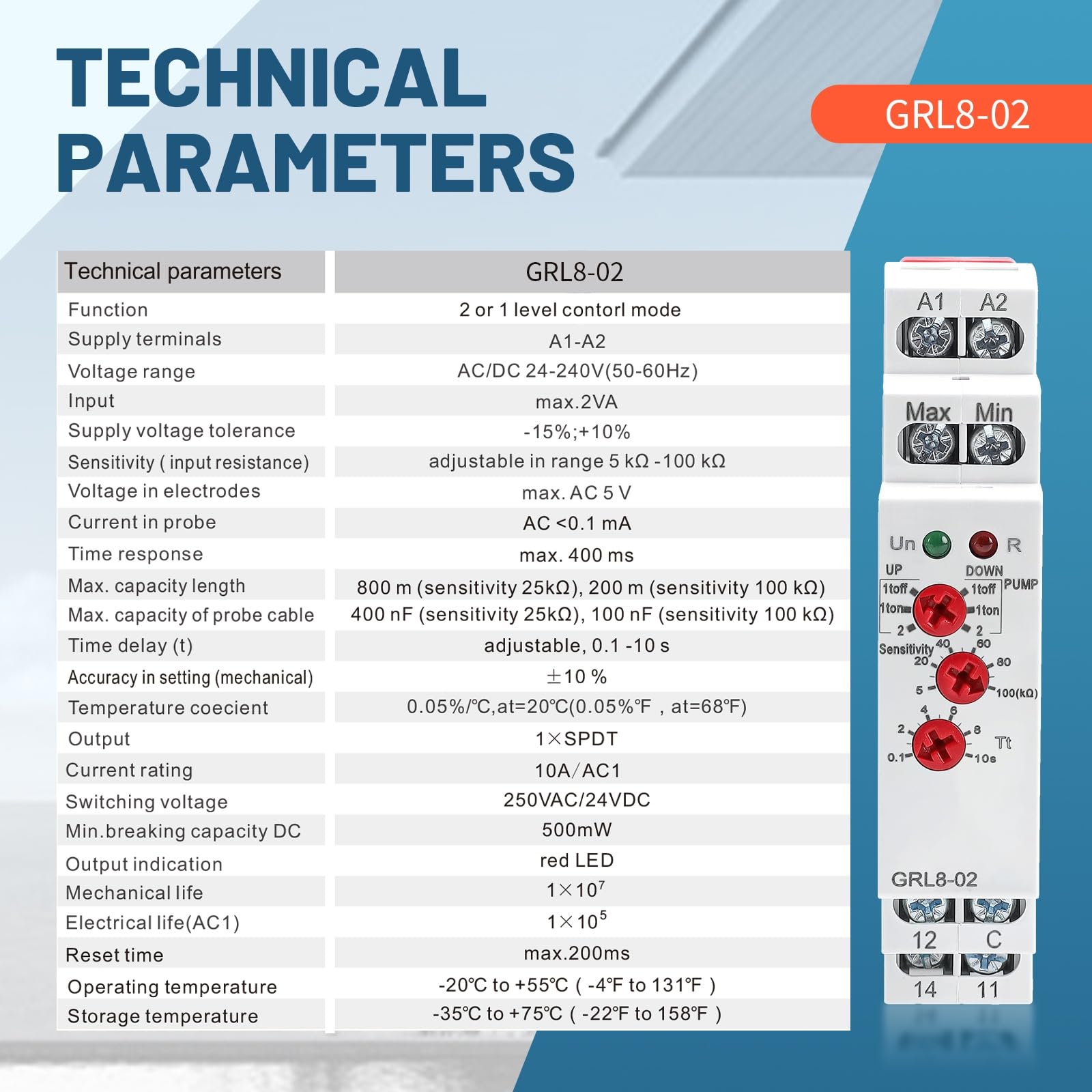 Rilevamento del livello di liquido a 1 o 2 poli Sensore di Livella Dell'acqua, GRL8-02 AC/DC 24-240V Sensibilità regolabile con sensore, 0.1-10s Per il Monitoraggio Del Liquido