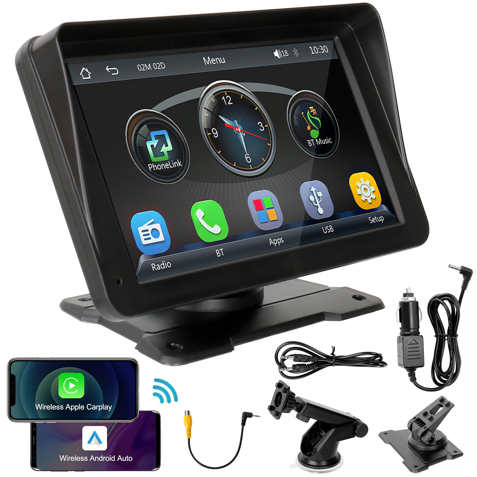 Hersance Écran de voiture Android Carplay sans fil 7 pouces avec navigation en direct et musique Bluetooth