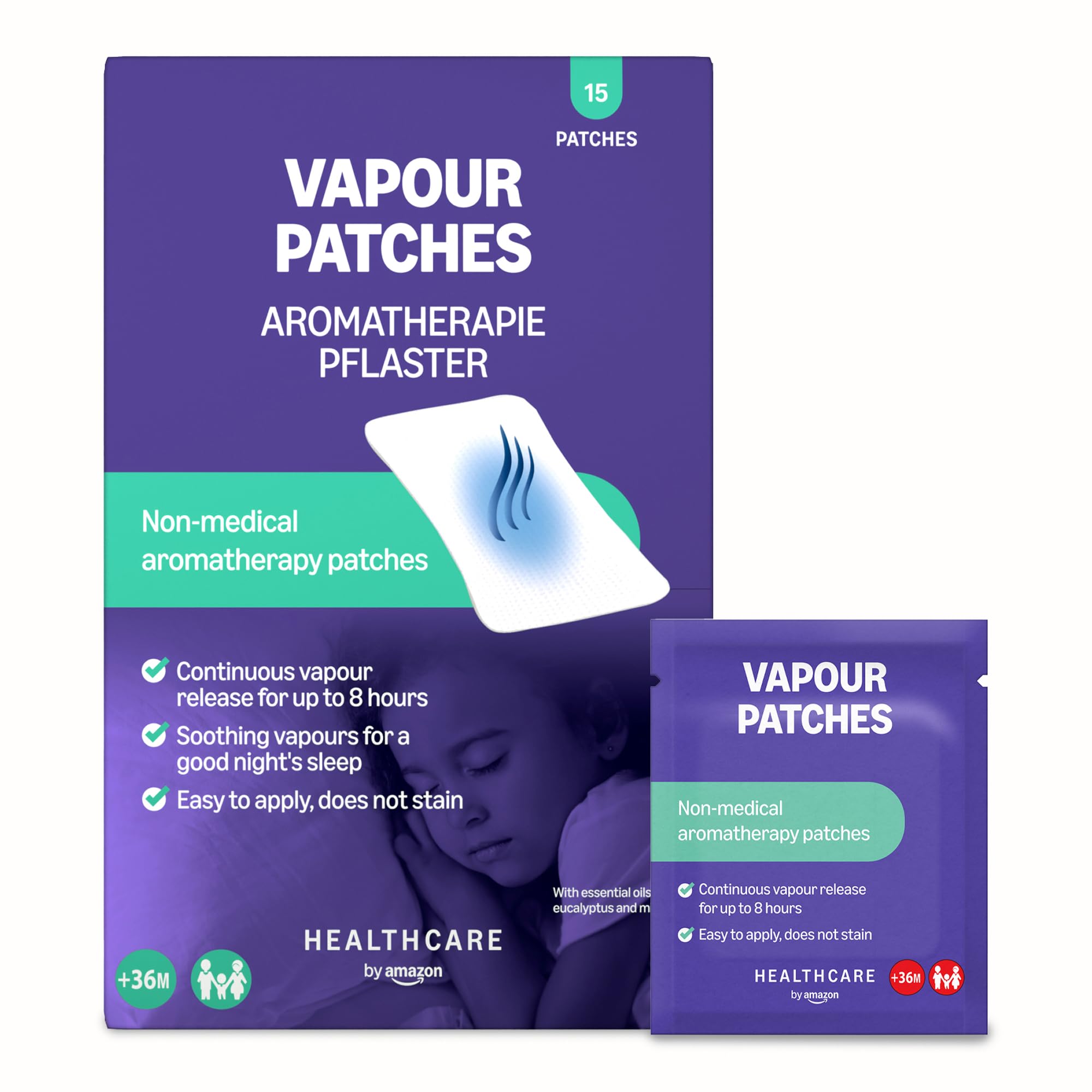 Healthcare by Amazon Vapour Release Patches with Eucalyptus, Pine, Mint & Lemon Essential Oils – Up to 8 Hours Relief, Non-Medicated, 15 Count (Previously Amazon Basic Care – Packaging May Vary)