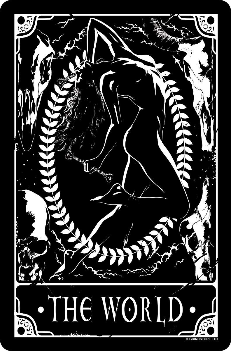Deadly Tarot - The World Small Tin Sign Black 10 x 15cm