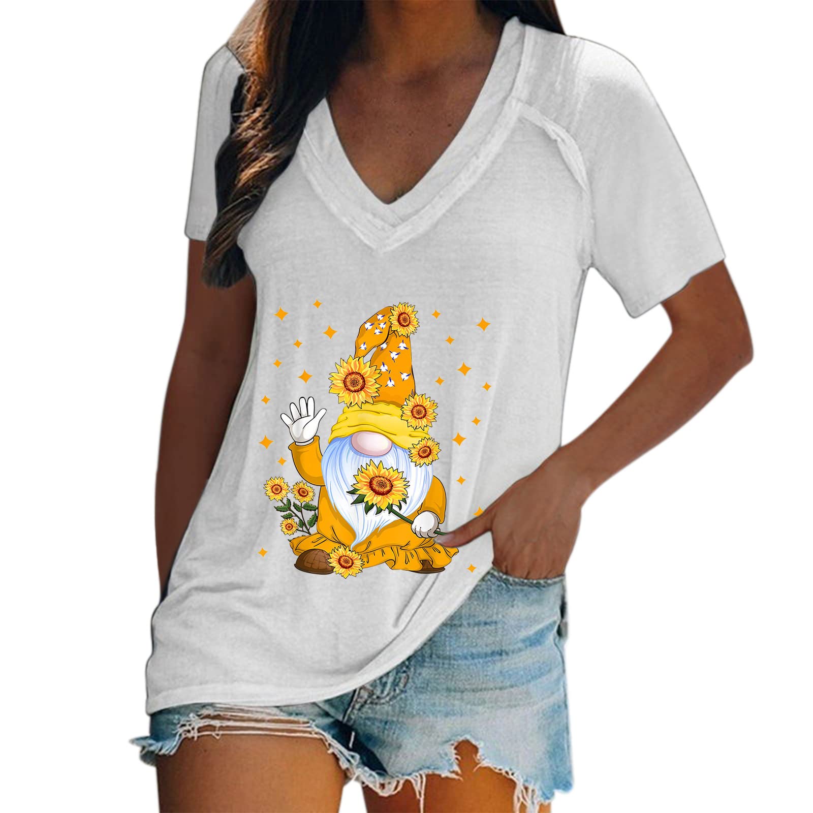 WNVWAPZY V Neck Oversized T Shirts for Women Cute Gnome Sunflower Graphic Raglan Shirt Sleeve Tunic Casual Summer Flowy Tops