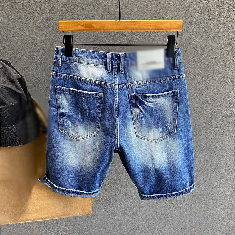 Short en jean patchwork avec détails déchirés denim bleu mince et léger - 3