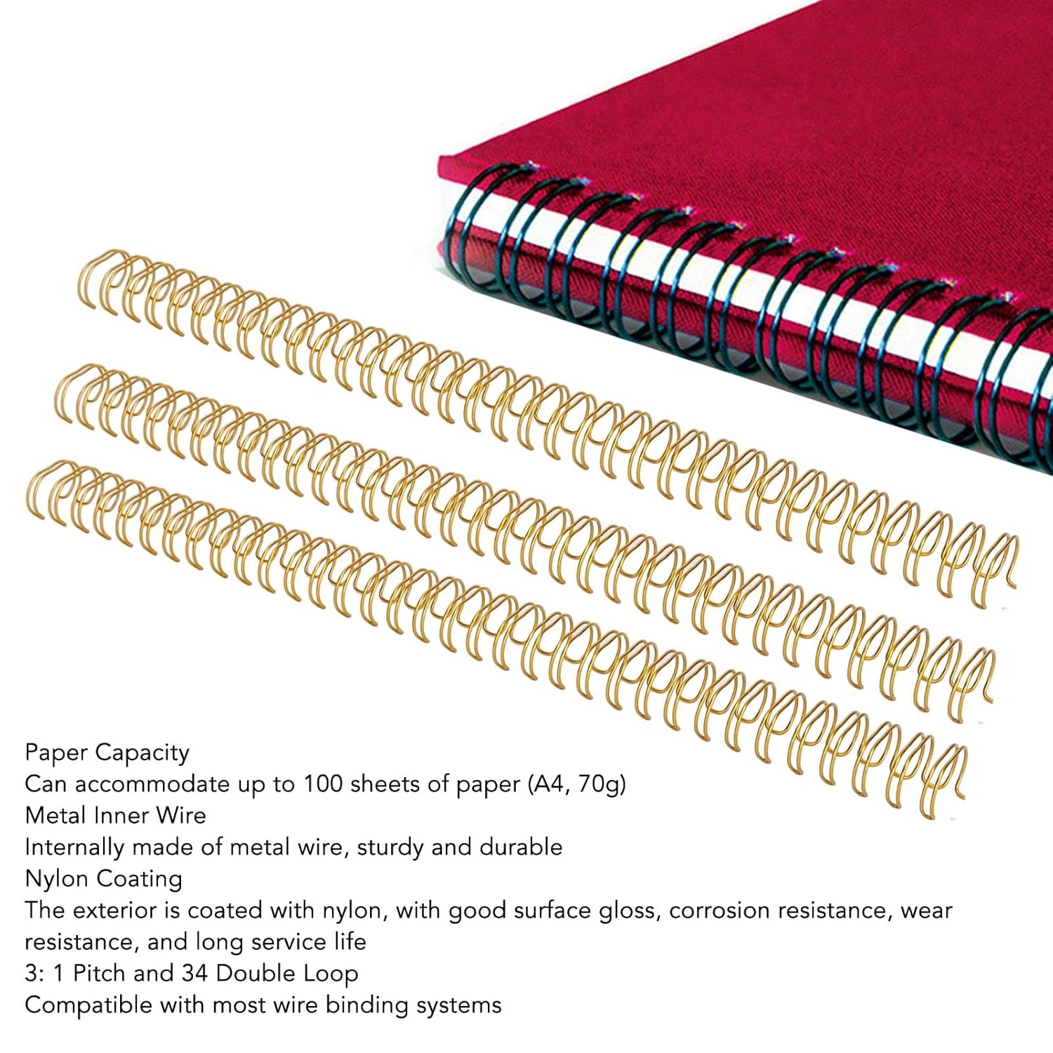 Binding Wire, 100 Pack Double Loop Wire Binding Spines, 34 Holes Double Spiral Binding Ring Coil, Metal Book Cinch Binding Machine Wire, Fit for School Office Notebook Maker (Gold)