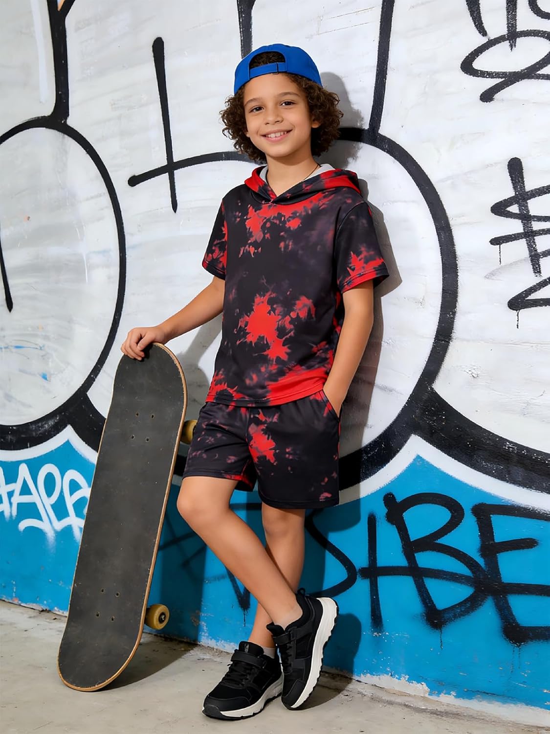 Boys 2 Piece Outfits Tie-Dye Hooded Short Sleeve T-Shirt and Shorts Set Summer Clothes for Kids 6-13 Years - Image 4