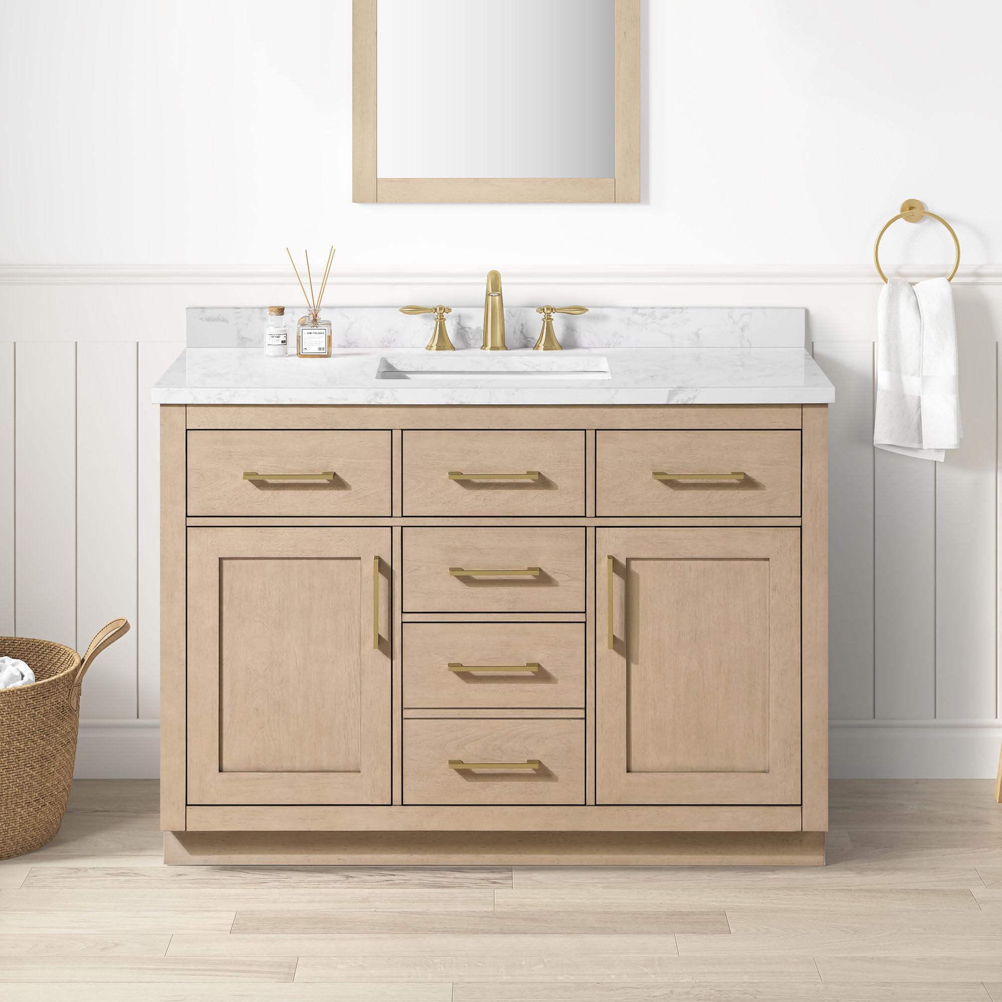 OVE Decors Athea 48 in. Single Sink Freestanding Sahara Birch Bathroom Vanity with White Engineered Marble Top, Matching Backsplash, Power Bar and Brushed Gold Hardware