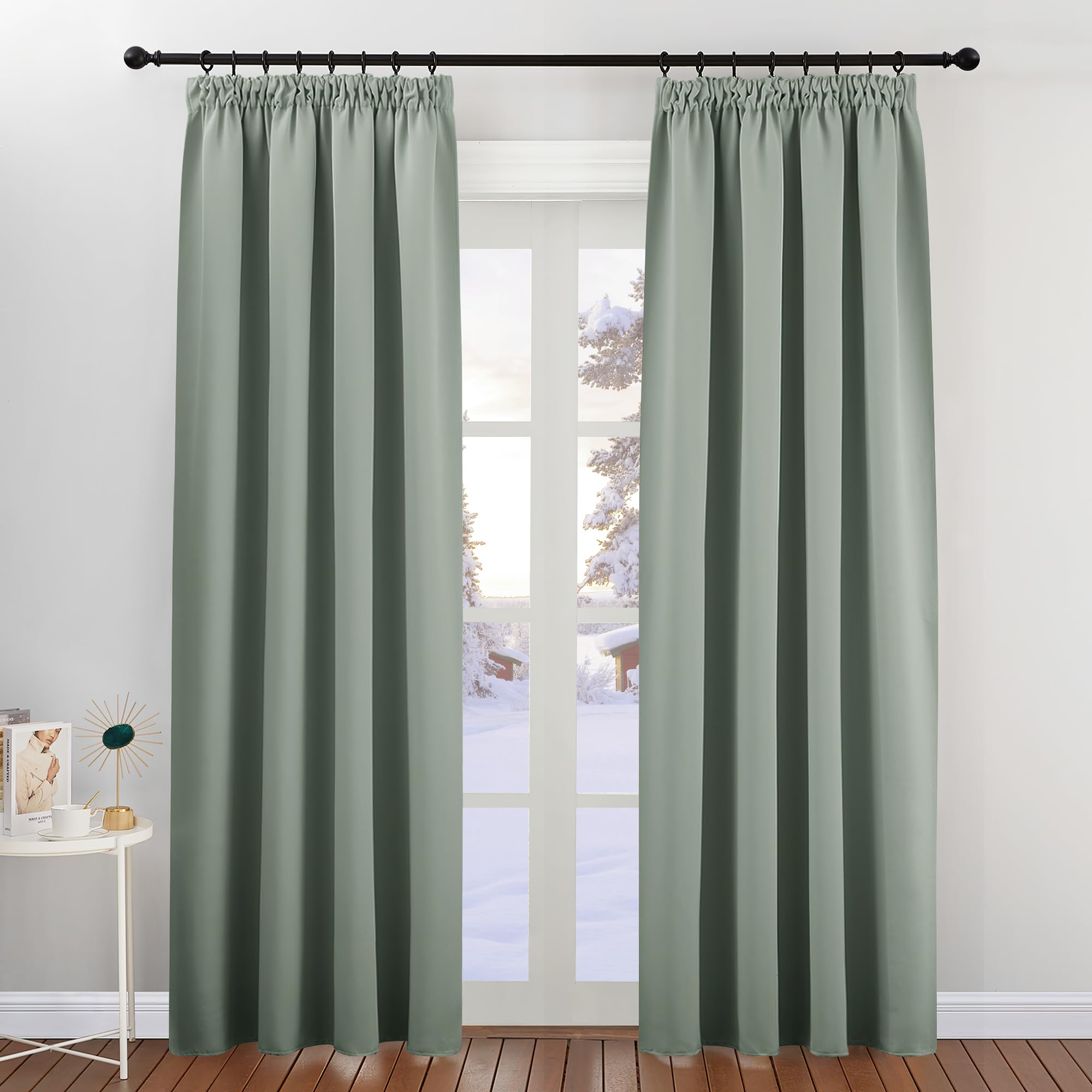 PONY DANCE Tenda Camera da Letto Oscurante Tende Termiche Isolanti per Interni con Fettuccia Decorazione Curtains per Salotto Eleganti 2 Pezzi 140x200 CM, Verde Salvia