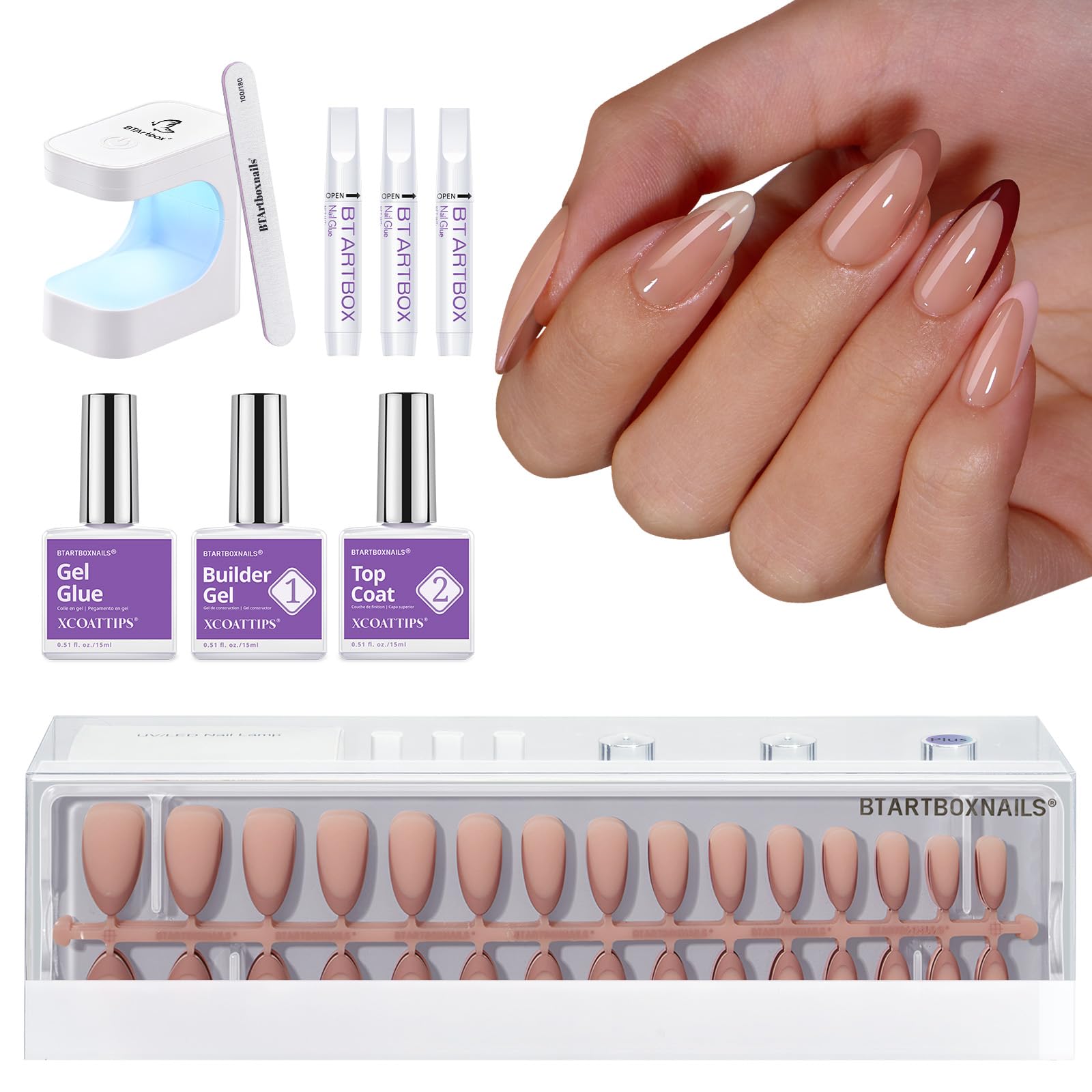 XCOATTIPS Press on Nails Almond - Skin Tones French Tip Nails, Medium Soft Gel Nail Tips with Nail Gel, French Protecting Duo, Nail Lamp, All in One Fake Nail Extension Kit